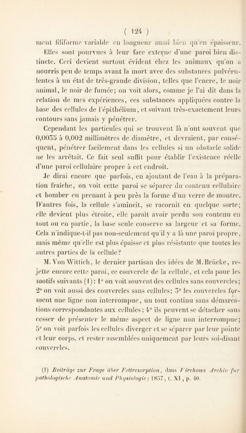 ment filiforme variable en longueur aussi bien qu'en épaisseur. biles sont pourvues à leur face externe d'une paroi bien dis¬ tincte. Ceci devient surtout évident chez les animaux qu'on a nourris peu de temps avant la mort avec des substances pulvéru¬ lentes à un état de très-grande division , telles que l’encre, le noir animal, le noir de fumée; on voit alors,, comme je l’ai dit dans la relation de mes expériences, ces substances appliquées contre la base des cellules de l’épithélium, et suivant très-exactement leurs contours sans jamais y pénétrer. Cependant les particules qui se trouvent là n’ont souvent que 0,0035 à 0,002 millimètres de diamètre, et devraient, par consé¬ quent, pénétrer facilement dans les cellules si un obstacle solide ne les arrêtait. Ce fait seul suffit pour établir l’existence réelle d’une paroi cellulaire propre à cet endroit. Je dirai encore que parfois, en ajoutant de l'eau a la prépara¬ tion fraîche, on voit cette paroi se séparer du contenu cellulaire et bomber en prenant à peu près la forme d'un verre de montre. D’autres fois, la cellule s’amincit, se racornit en quelque sorte; elle devient plus étroite, elle paraît avoir perdu son contenu en tout ou en partie, la base seule conserve sa largeur et sa forme. Cela n'indique-t-il pas non-seulement qu il y a là une paroi propre, mais même qu’elle est plus épaisse et plus résistante que toutes les autres parties de la cellule? M. Von Wittich, le dernier partisan des idées de M.Brücke, re¬ jette encore cette paroi, ce couvercle de la cellule, et cela pour les motifs suivants (1 ) : 1° on voit souvent des cellules sans couvercles; 2° on voit aussi des couvercles sans cellules; 3° les couvercles for- J ment une ligne non interrompue, un tout continu sans démarca¬ tions correspondantes aux cellules; 4° ils peuvent se détacher sans cesser de présenter le même aspect de ligne non interrompue; 5° on voit parfois les cellules diverger et se séparer par leur pointe et leur corps, et rester assemblées uniquement par leurs soi-disant couvercles. (1) Beitrrige zur Frnge über Fetlresorption, dans Firchows Arehiv fur pathologische Anatomie und PIn/sinloyie ; 1857, i. XI, p. 40.