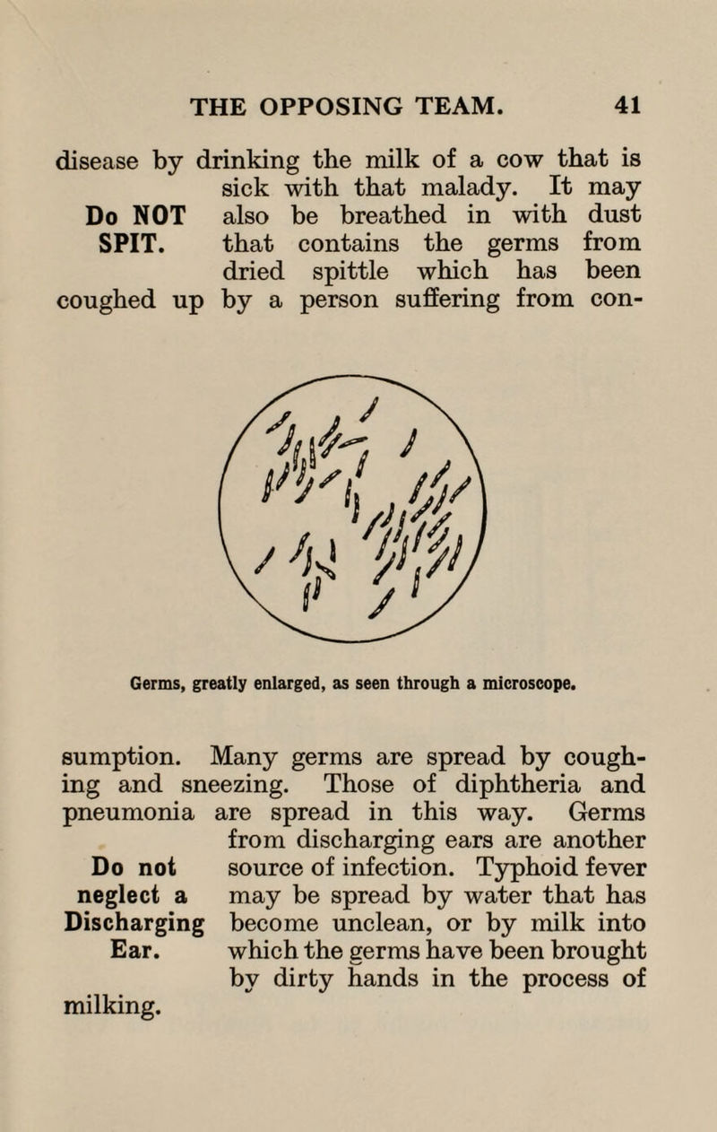 disease by drinking the milk of a cow that is sick with that malady. It may Do NOT also be breathed in with dust SPIT. that contains the germs from dried spittle which has been coughed up by a person suffering from con- Germs, greatly enlarged, as seen through a microscope. sumption. Many germs are spread by cough¬ ing and sneezing. Those of diphtheria and pneumonia are spread in this way. Germs from discharging ears are another Do not source of infection. Typhoid fever neglect a may be spread by water that has Discharging become unclean, or by milk into Ear. which the germs have been brought by dirty hands in the process of milking.