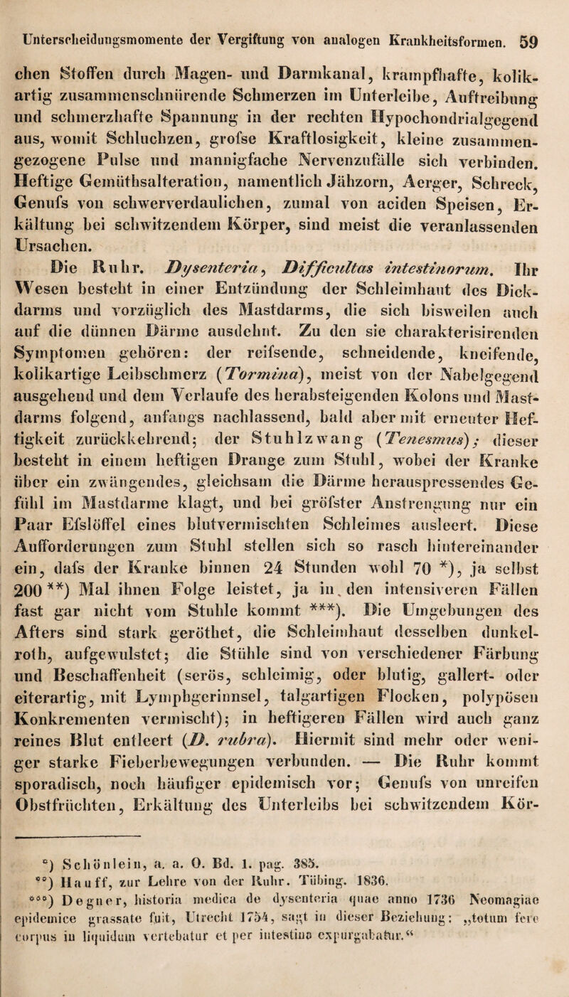 chen Stoffen durch Mengen- und Darmkanal, krampfhafte, kolik¬ artig zusammcnsclmiirende Schmerzen im Unterlcihe, Auftreibung und schmerzhafte Spannung in der rechten Hypochondrialgegend aus, womit Schluchzen, grofse Kraftlosigkeit, kleine zusammen¬ gezogene Pulse und mannigfache Nervcnzufalle sich verbinden. Heftige Gemüthsalteration, namentlich Jähzorn, Aerger, Schreck, Genufs von schwerverdaulichen, zumal von aciden Speisen, Er¬ kältung bei schwitzendem Körper, sind meist die veranlassenden Ursachen. Die Ruhr. Dysenteria, Difficultas intestinorum. Ihr W esen besteht in einer Entzündung der Schleimhaut des Dick¬ darms und vorzüglich des Mastdarms, die sich bisweilen auch auf die dünnen Därme ausdehnt. Zu den sie charakterisirenden Symptomen gehören: der reifsende, schneidende, kneifende, kolikartige Leibschmerz (Tormina), meist von der Nabelgegend ausgehend und dem Verlaufe des herabsteigenden Kolons und Mast¬ darms folgend, anfangs nachlassend, bald aber mit erneuter Hef¬ tigkeit zurückkehrend; der Stuhlzwang (Tenesmus); dieser besteht in einem heftigen Drange zum Stuhl, wobei der Kranke über ein zwängendes, gleichsam die Därme herauspressendes Ge¬ fühl im Mastdarme klagt, und bei gröfster Anstrengung nur ein Paar Efslölfel eines blutvermischten Schleimes ausleert. Diese Aufforderungen zum Stuhl stellen sich so rasch hintereinander ein, dafs der Kranke binnen 24 Stunden wohl 70 * *)5 ja selbst 200**) Mal ihnen Folge leistet, ja in. den intensiveren Fällen fast gar nicht vom Stuhle kommt ***). Die Umgebungen des Afters sind stark geröthet, die Schleimhaut desselben dunkel¬ rot h, aufgewulstet; die Stühle sind von verschiedener Färbung und Beschaffenheit (serös, schleimig, oder blutig, gallert- oder eiterartig, mit Lympbgerinnsel, talgartigen Flocken, polypösen Konkrementen vermischt); in heftigeren Fällen wird auch ganz reines Blut entleert (I). rubra). Hiermit sind mehr oder weni¬ ger starke Fieberbewegungen verbunden. — Die Ruhr kommt sporadisch, noch häufiger epidemisch vor; Genufs von unreifen Obstfrüchten, Erkältung des Unterleibs bei schwitzendem Kör- *) Schön lei n, a. a. 0. Bd. 1. pag. 385. ,oc) Hauff, zur Lehre von der Ruhr. TU hing. 1836. *00) Degner, historia medica de dysenteria quae anno 1736 epideinice grassate tust, Utrecht 1754, sagt in dieser Beziehung: corpus in liquidum vertebatur et per intestiuo expurgabatur.“ Neomagiae „totum feie