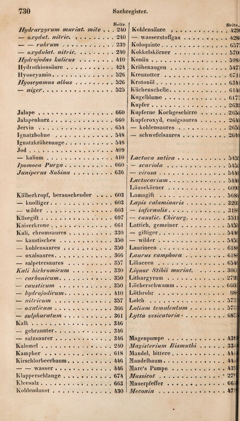 Seite. Hyclrargyrum muriat. mite * . . 240 — oxydat. nitric. ..240 — — rubrum . , . .. ...... . 239 — oxydulat. nitric.. . 240 Hydrojodas kalicus.410 Hydrothionsäure ........... 424 Hyoseyamin *.526 Ilyoscyamus albus ......... 526 — niger. . ..525 Jalape.,. . . 660 Jalapenharz . *.660 Jervin.654 Ignatzbohne ............. 548 Ignatzkrähenauge. 548 Jod ..409 — kalium.410 Ipomoea Purga ........... 660 i Juniperus Sabina. 636 | Kälberkropf, berauscliender .... 603 — knolliger. 603 — wilder.603 Käsegift.*.697 o Kohlensäure .. — wasserstoffgas . . . Koloquinte. Kokkelskörner. Koniin.. . , Krähenaugen .. Kreuzotter. Krotonö!.. Küchenschelle. ...... Kugelblume. Kupfer. Kupferne Kochgeschirre Kupferoxyd, essigsaures — kohlensaures . . . . , — schwefelsaures . . . . Lactuca sativa . . . . . — scariola. — virosa.. . Lactucarium. Läusekörner. Lamagift. Lapis calaminaris . . . — infernalis. — caUstic. Chirurg. . . Kaiserkrone. 661 ) Kali, chromsaures ..330 — kaustisches.350 — kohlensaures .350 oxalsaures.366 — salpetersaures.357 Kali bichromicum.330 — carbonicum.350 — causticum . ... ..350 — hydrojodicum. . ..410 —* nitricum.357 — oxalicum.366 — sulphur atum.361 Kalk.346 — gebrannter.346 — salzsaurer.346 Kalomel ..240 Kampher ..618 Kirschlorbeerbaum.446 -wasser ..446 Klapperschlange.674 Kleesalz.. ;.663 Kohlendunst . ..430 Lattich, gemeiner . . . — giftiger. — wilder. Laurineen. Laurus camp höra . . Liliaceen. Liquor Stibii muriat. Lithargyrum. Löcherschwamm . . . Löthrohr. Lolch. Lolium temulentum Lytta vesicatoria * . Magenpumpe. Magisterium Bismuthi Mandel, bittere. Mandelbaum. Marc’s Pumpe. Massicot.. . . Mauerpfeffer.. . Meconin.