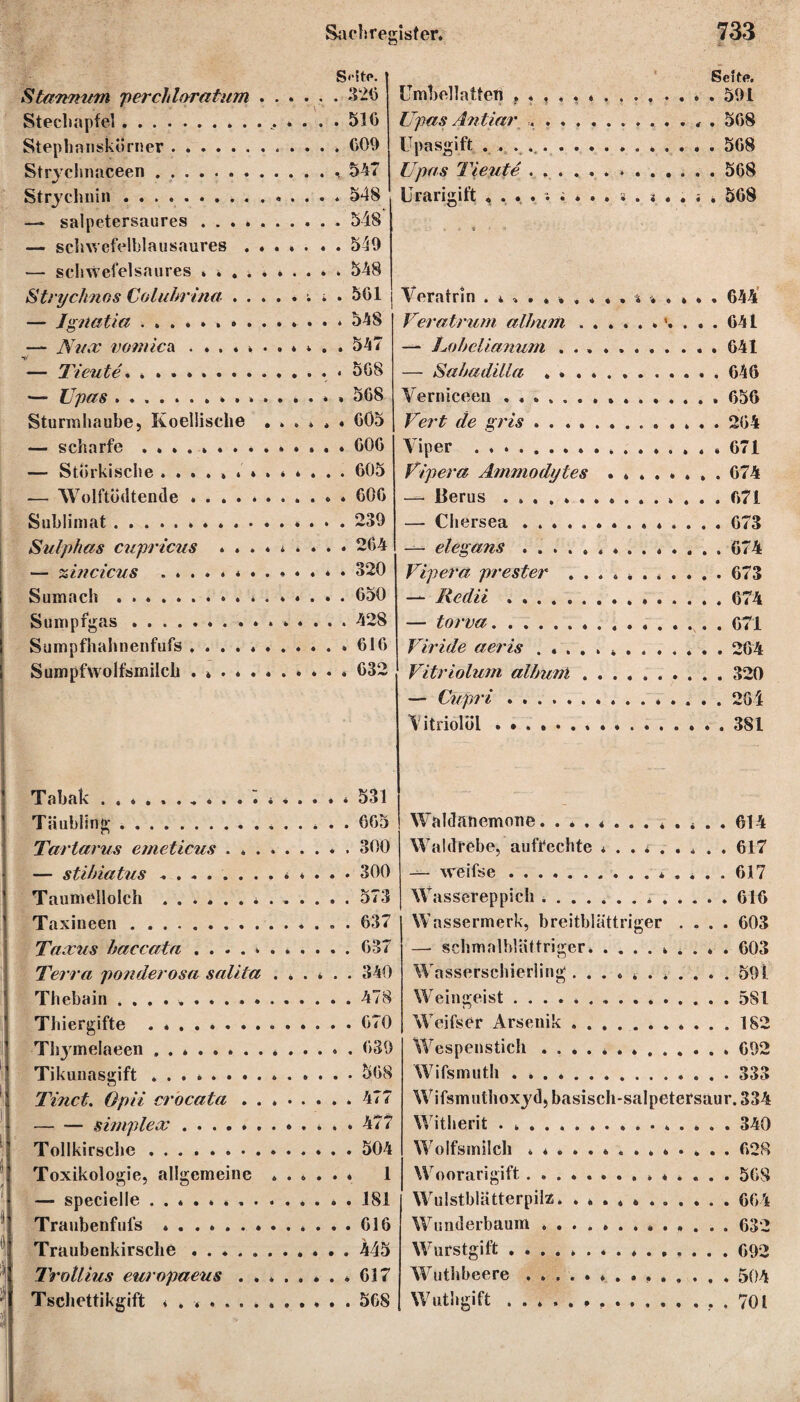 Seite. Stammrn perch laratum ...... 326 Stechapfel.. 51G Stephanskorner.609 Strychnaceen . .., 547 Strychnin. 548 — salpetersaures .. 548 — schwefelblausaures . ..549 — schwefelsaures « . ....... . 548 Strycknos Coluhrina.. * . 5G1 — Jgnatia ... 548 ■— Nux vonücA . ......... . 547 — Tieute.. . 5G8 — Upas. 568 Sturmhaube, Koelüsche ...... GÖ5 — scharfe ..GOG — Störkische ............. G05 — Wolftödtende.. . GOG Sublimat. 239 Sulphas cupricus ......... 264 — %incicus .*.* . 320 Sumach ................ 650 Sumpfgas. 428 i Sumpfhahnenfufs .. GIG Sumpfwolfsmilch . *. G32 ( Tabak . Täubling ... Tartarus emeticus ....... — stihiatus ........... Taumellolch ........... Taxineen. Taxus haccata ......... Terra po?iderosa salita . . . . Thebain .............. Thiergifte . * . . *. Tl^melaeen ..* . . . Tikunasgift ...». 1 Tinct. Opii cröcata. -Simplex.* Tollkirsche. Toxikologie, allgemeine . . » . — specielle .. Traubenfufs ... . Traubenkirsche. Trotlius europaeus ...... Tschettikgift .. . * 531 . . 6G5 . . 300 . . 300 . . 573 . . 637 . . G37 . . 340 . . 478 . . G70 . . 639 . . 568 . . 477 . . 477 . . 504 . * 1 » . 181 . . GIG . . 445 . » G17 . . 5G8 Umbellattefi ....... Sehe. Upas Antiar .. Upasgift .. Upas Tieute ...... Urarigift ......... Veratrin 644 Veratrum allmm . . 641 — Lobelianum ........... 641 — Sabadilla ..646 Verniceen .. 656 Vert de gris.. 26 4 Viper .. 671 Vipera Ammodytes ........ G74 — llerus ............... 671 — Chersea.. G73 — elegans.. G74 Vipera prester ..673 — Redii ..674 — torva.. . 671 Viride aeris...264 Vitriolum album.320 — Ciipri.. 264 Vitriolöl.381 Waldanemone. ............ 614 Waldrebe, aufrechte ......... 617 — weifse ... 617 Wassereppich ..616 Wassermerk, breitblättriger .... 603 — schmalblättriger. 603 Wasserschierling .......... . 591 Weingeist.581 Weifser Arsenik. 182 Wespenstich ..692 Wifsmiith .. 333 Wifsmuthoxyd, basisch-salpetersaur. 334 Witherit . ... . . . . 340 Wolfsmilch .............. 628 Woorarigift .............. 568 Wulstblätterpilz. ........... 664 Wunderbaum.632 Wurstgift.692 Wuthbeere...504 Wuthgift ... . 701