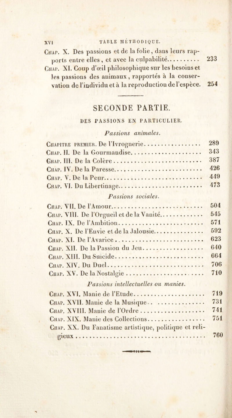 233 Chap. X. Des passions et de la folie, dans leurs rap- ports entre elles , et avec la culpabilité Chap. XL Coup d’œil philosophique sur les besoins et les passions des animaux, rapportés à la conser- vation de l’individu et à la reproduction de l’espèce. 254 SECONDE PARTIE. DES PASSIONS EN PARTICULIER. Passions animales. Chapitre premier. De l’Ivrognerie 289 Chap. ïï. De la Gourmandise 343 Chap. III. De la Colère 387 Chap. IV. De la Paresse 426 Chap. Y. De la Peur 449 Chap. YI. Du Libertinage 473 Passions sociales. Chap. VIL De l’Amour 504 Ciiap. VIII. De l’Orgueil et de la Vanité 545 Chap. IX. De l’Ambition 571 Chap. X. De l’Envie et de la Jalousie 592 Chap. XL De l’Avarice 623 Chap. XII. De la Passion du Jeu 640 Chap. XIII. Du Suicide 664 Chap. XIV. Du Duel 706 Chap. XV. De la Nostalgie 710 Passions intellectuelles ou manies. Chap. XVI. Manie de l’Etude 719 Chap. XVII. Manie de la Musique. 731 Chap. XVIII. Manie de l’Ordre 741 Chap. XIX. Manie des Collections 751 Chap. XX. Du Fanatisme artistique, politique et reli- gieux 760