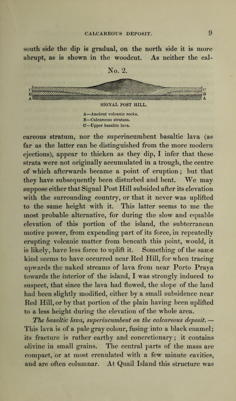 south side the dip is gradual, on the north side it is more abrupt, as is shown in the woodcut. As neither the cal- No. 2. SIGNAL POST HILL. A—Ancient volcanic rocks. B—Calcareous stratum. C—Upper basaltic lava. careous stratum, nor the superincumbent basaltic lava (as far as the latter can be distinguished from the more modern ejections), appear to thicken as they dip, I infer that these strata were not originally accumulated in a trough, the centre of which afterwards became a point of eruption ; but that they have subsequently been disturbed and bent. We may suppose either that Signal Post Hill subsided after its elevation with the surrounding country, or that it never was uplifted to the same height with it. This latter seems to me the most probable alternative, for during the slow and equable elevation of this portion of the island, the subterranean motive power, from expending part of its force, in repeatedly erupting volcanic matter from beneath this point, would, it is likely, have less force to uplift it. Something of the same kind seems to have occurred near Red Hill, for when tracing upwards the naked streams of lava from near Porto Praya towards the interior of the island, I was strongly induced to suspect, that since the lava had flowed, the slope of the land had been slightly modified, either by a small subsidence near Red Hill, or by that portion of the plain having been uplifted to a less height during the elevation of the whole area. The basaltic lava, superincumbent on the calcareous deposit. — This lava is of a pale gray colour, fusing into a black enamel; its fracture is rather earthy and concretionary; it contains olivine in small grains. The central parts of the mass are compact, or at most crenulated with a few minute cavities, and are often columnar. At Quail Island this structure was