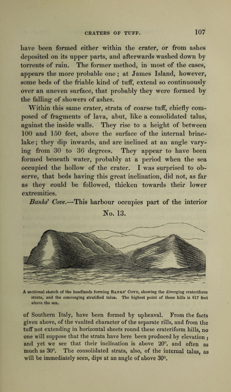 have been formed either within the crater, or from ashes deposited on its upper parts, and afterwards washed down by torrents of rain. The former method, in most of the cases, appears the more probable one; at James Island, however, some beds of the friable kind of tuff, extend so continuously over an uneven surface, that probably they were formed by the falling of showers of ashes. Within this same crater, strata of coarse tuff, chiefly com- posed of fragments of lava, abut, like a consolidated talus, against the inside walls. They rise to a height of between 100 and 150 feet, above the surface of the internal brine- lake ; they dip inwards, and are inclined at an angle vary- ing from 30 to 36 degrees. They appear to have been formed beneath water, probably at a period when the sea occupied the hollow of the crater. I was surprised to ob- serve, that beds having this great inclination, did not, as far as they could be followed, thicken towards their lower extremities. Banks' Cove.—This harbour occupies part of the interior No. 13. A sectional sketch of the headlands forming Banks’ Cove, showing the diverging crateriform strata, and the converging stratified talus. The highest point of these hills is 817 feet above the sea. of Southern Italy, have been formed by upheaval. From the facts given above, of the vaulted character of the separate rills, and from the tuff not extending in horizontal sheets round these crateriform hills, no one will suppose that the strata have here been produced by elevation • and yet we see that their inclination is above 20°, and often as much as 30°. The consolidated strata, also, of the internal talus, as will be immediately seen, dips at an angle of above 30°.