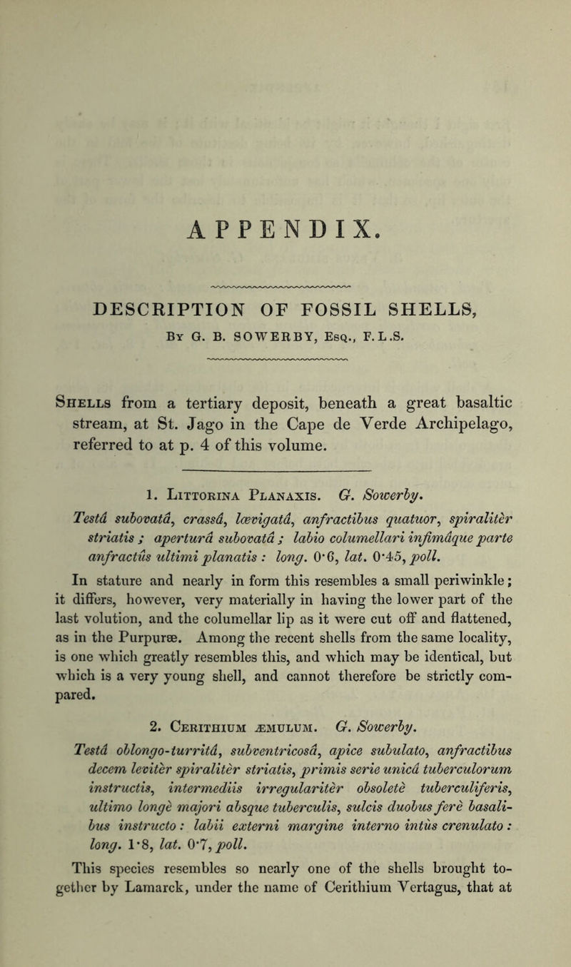 APPENDIX DESCRIPTION OF FOSSIL SHELLS, By G. B. SOWERBY, Esq., F.L.S. Shells from a tertiary deposit, beneath a great basaltic stream, at St. Jago in the Cape de Verde Archipelago, referred to at p. 4 of this volume. 1. Littorina Planaxis. G. Sowerby. Testd subovata, crassd, loevigatd, an/ractibus quatuor, spiraliter striatis ; apertura subovata ; labio columellari infimdque parte anfractus ultimi planatis : long. 0‘6, lat. 0’45, poll. In stature and nearly in form this resembles a small periwinkle; it differs, however, very materially in having the lower part of the last volution, and the columellar lip as it were cut off and flattened, as in the Purpurse. Among the recent shells from the same locality, is one which greatly resembles this, and which may be identical, but which is a very young shell, and cannot therefore be strictly com- pared. 2. Cerithium jemulum. G. Sowerby. Testd oblongo-turrltd, subventricosa, apice subulato, anfractibus decern leviter spiraliter striatis, primis serie unicd tuberculorum instructis, intermediis irregulariter obsolete tuberculiferis, ultimo longe majori absque tuberculis, sulcis duobus fere basali- bus instructo: labii externi margine interno intus crenulato: long. P8, lat. 0*7, poll. This species resembles so nearly one of the shells brought to- gether by Lamarck, under the name of Cerithium Vertagus, that at