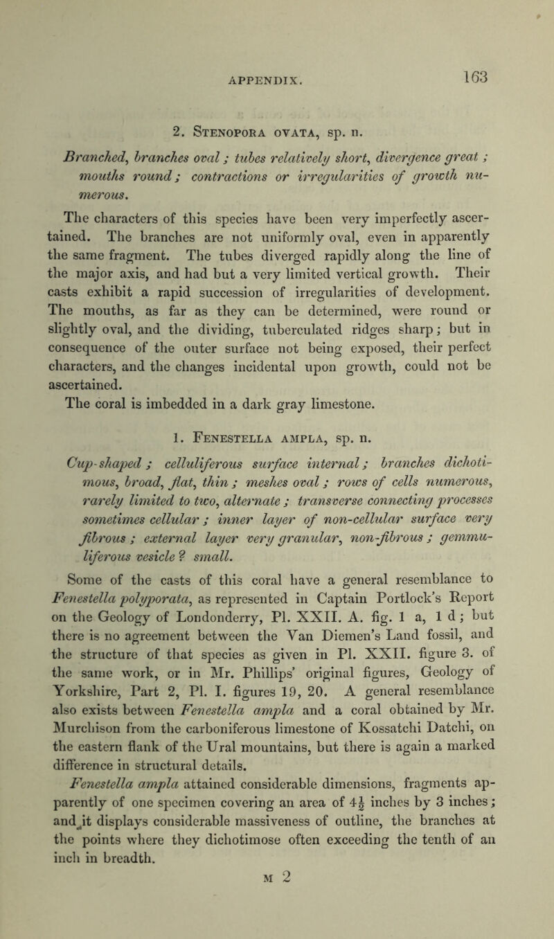2. Stenopora oyata, sp. n. Branched, branches oval; tubes relatively short, divergence great ; mouths round; contractions or irregularities of growth nu- merous. The characters of this species have been very imperfectly ascer- tained. The branches are not uniformly oval, even in apparently the same fragment. The tubes diverged rapidly along the line of the major axis, and had but a very limited vertical growth. Their casts exhibit a rapid succession of irregularities of development. The mouths, as far as they can be determined, were round or slightly oval, and the dividing, tuberculated ridges sharp; but in consequence of the outer surface not being exposed, their perfect characters, and the changes incidental upon growth, could not be ascertained. The coral is imbedded in a dark gray limestone. 1. Fenestella ampla, sp. n. Cup-shaped ; celluliferous surface internal; branches dichoti- mous, broad, flat, thin ; meshes oval; rows of cells numerous, rarely limited to two, alternate ; transverse connecting processes sometimes cellular; inner layer of non-cellular surface very fibrous ; external layer very granular, non-fibrous ; gemmu- liferous vesicle ? small. Some of the casts of this coral have a general resemblance to Fenestella polyporata, as represented in Captain Portlock’s Report on the Geology of Londonderry, PI. XXII. A. fig. 1 a, Id; but there is no agreement between the Yan Diemen's Land fossil, and the structure of that species as given in PI. XXII. figure 3. of the same work, or in Mr. Phillips’ original figures, Geology of Yorkshire, Part 2, PI. I. figures 19, 20. A general resemblance also exists between Fenestella ampla and a coral obtained by Mr. Murchison from the carboniferous limestone of Kossatchi Datchi, on the eastern flank of the Ural mountains, but there is again a marked difference in structural details. Fenestella ampla attained considerable dimensions, fragments ap- parently of one specimen covering an area of 4| inches by 3 inches; andjt displays considerable massiveness of outline, the branches at the points where they dichotimose often exceeding the tenth of an inch in breadth. M 2