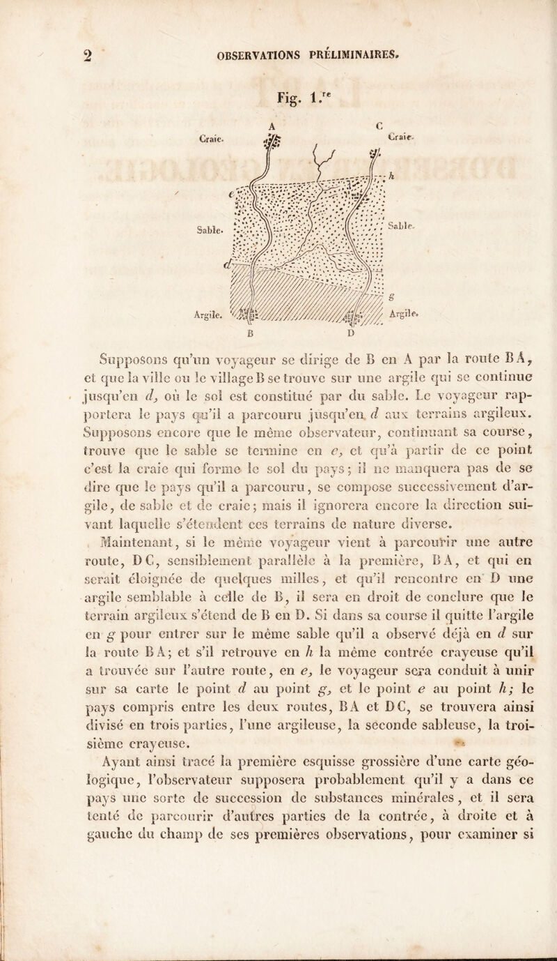 A C Supposons qu’un voyageur se dirige de B en A par la route B A 7 et quêta ville eu le village B se trouve sur une argile qui se continue jusqu’en cl, où le sol est constitué par du sable. Le voyageur rap- portera le pays qu’il a parcouru jusqu’en, d aux terrains argileux. Supposons encore que le même observateur, continuant sa course, trouve que le sable se termine en c, et qu’à partir de ce point c’est la craie qui forme le sol du pays ; il ne manquera pas de se dire que le pays qu’il a parcouru, se compose successivement d’ar- gile, de sable et de craie; mais il ignorera encore la direction sui- vant laquelle s’étendent ces terrains de nature diverse. Maintenant, si le même voyageur vient à parcourir une autre route, DC, sensiblement parallèle à la première, B A, et qui en serait éloignée de quelques milles, et qu’il rencontre en D une argile semblable à celle de B, il sera en droit de conclure que le terrain argileux s’étend de B en D. Si dans sa course il quitte l’argile en g pour entrer sur le même sable qu’il a observé déjà en d sur la route B À; et s’il retrouve en h la même contrée crayeuse qu’il a trouvée sur l’autre route, en e, le voyageur sera conduit à unir sur sa carte le point d au point g, et le point e au point h; le pays compris entre les deux routes, B A et DC, se trouvera ainsi divisé en trois parties, l’une argileuse, la seconde sableuse, la troi- sième crayeuse. Ayant ainsi tracé la première esquisse grossière d’une carte géo- logique, l’observateur supposera probablement qu’il y a dans ce pays une sorte de succession de substances minérales, et il sera tenté de parcourir d’autres parties de la contrée, à droite et à gauche du champ de ses premières observations, pour examiner si