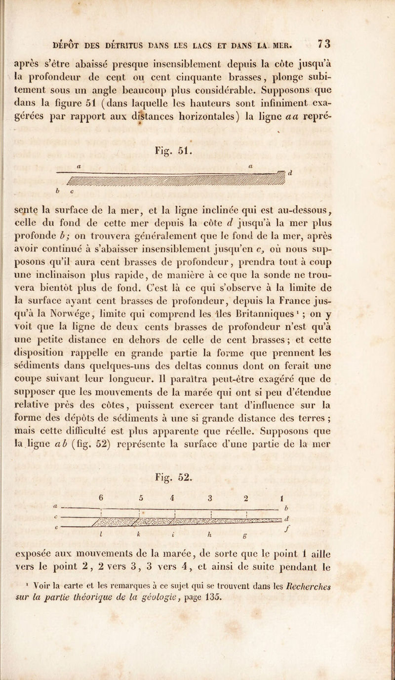 après s’être abaissé presque insensiblement depuis la côte jusqu’à la profondeur de cent ou cent cinquante brasses, plonge subi- tement sous un angle beaucoup plus considérable. Supposons que dans la figure 51 (dans laquelle les hauteurs sont infiniment exa- gérées par rapport aux distances horizontales) la ligne a a repré- b c sente la surface de la mer, et la ligne inclinée qui est au-dessous, celle du fond de cette mer depuis la côte d jusqu’à la mer plus profonde b ; on trouvera généralement que Je fond de la mer, après avoir continué à s’abaisser insensiblement jusqu’en c, où nous sup- posons qu’il aura cent brasses de profondeur, prendra tout à coup une inclinaison plus rapide, de manière à ce que la sonde ne trou- vera bientôt plus de fond. C’est là ce qui s’observe à la limite de la surface ayant cent brasses de profondeur, depuis la France jus- qu’à la Norwége, limite qui comprend les îles Britanniques* 1 ; on y voit que la ligne de deux cents brasses de profondeur n’est qu’à une petite distance en dehors de celle de cent brasses ; et cette disposition rappelle en grande partie la forme que prennent les sédiments dans quelques-uns des deltas connus dont on ferait une coupe suivant leur longueur. Il paraîtra peut-être exagéré que de supposer que les mouvements de la marée qui ont si peu d’étendue relative près des côtes, puissent exercer tant d’influence sur la forme des dépôts de sédiments à une si grande distance des terres ; mais cette difficulté est plus apparente que réelle. Supposons que la ligne a b (fig. 52) représente la surface d’une partie de la mer 52. 6 L k i h g 1 . b S d f exposée aux mouvements de la marée, de sorte que le point 1 aille vers le point 2, 2 vers 3, 3 vers 4, et ainsi de suite pendant le 1 Voir la carte et les remarques à ce sujet qui se trouvent dans les Recherches sur la partie théorique de la géologie, page 135.