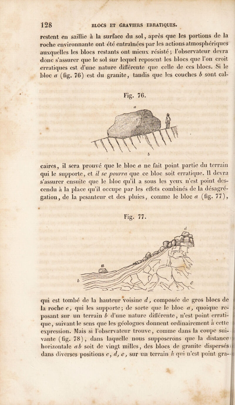 restent en saillie à la surface du sol, après que les portions de la roche environnante ont été entraînées par les actions atmosphériques auxquelles les blocs restants ont mieux résisté ; l’observateur devra donc s’assurer que le sol sur lequel reposent les blocs que l’on croit erratiques est d’une nature différente que celle de ces blocs. Si le bloc a (fîg. 76) est du granité, tandis que les couches b sont cal- Fig. 76. «iiSlifl WW caires, il sera prouvé que le bloc a ne fait point partie du terrain qui le supporte, et il se pourra que ce bloc soit erratique. 11 devra s’assurer ensuite que le bloc qu’il a sous les yeux n’est point des- cendu à la place qu’il occupe par les effets combinés de la désagré- gation, de la pesanteur et des pluies, comme le bloc a (fig. 77), Fig. 77. d qui est tombé de la hauteur voisine d, composée de gros blocs de la roche c, qui les supporte; de sorte que le bloc a, quoique re- posant sur un terrain b d’une nature différente, n’est point errati- que , suivant le sens que les géologues donnent ordinairement à cette expression. Mais si l’observateur trouve, comme dans la coupe sui- vante (Fig. 78), dans laquelle nous supposerons que la distance horizontale a b soit de vingt milles, des blocs de granité dispersés dans diverses positions c, d, e, sur un terrain h qui n’est point gra-