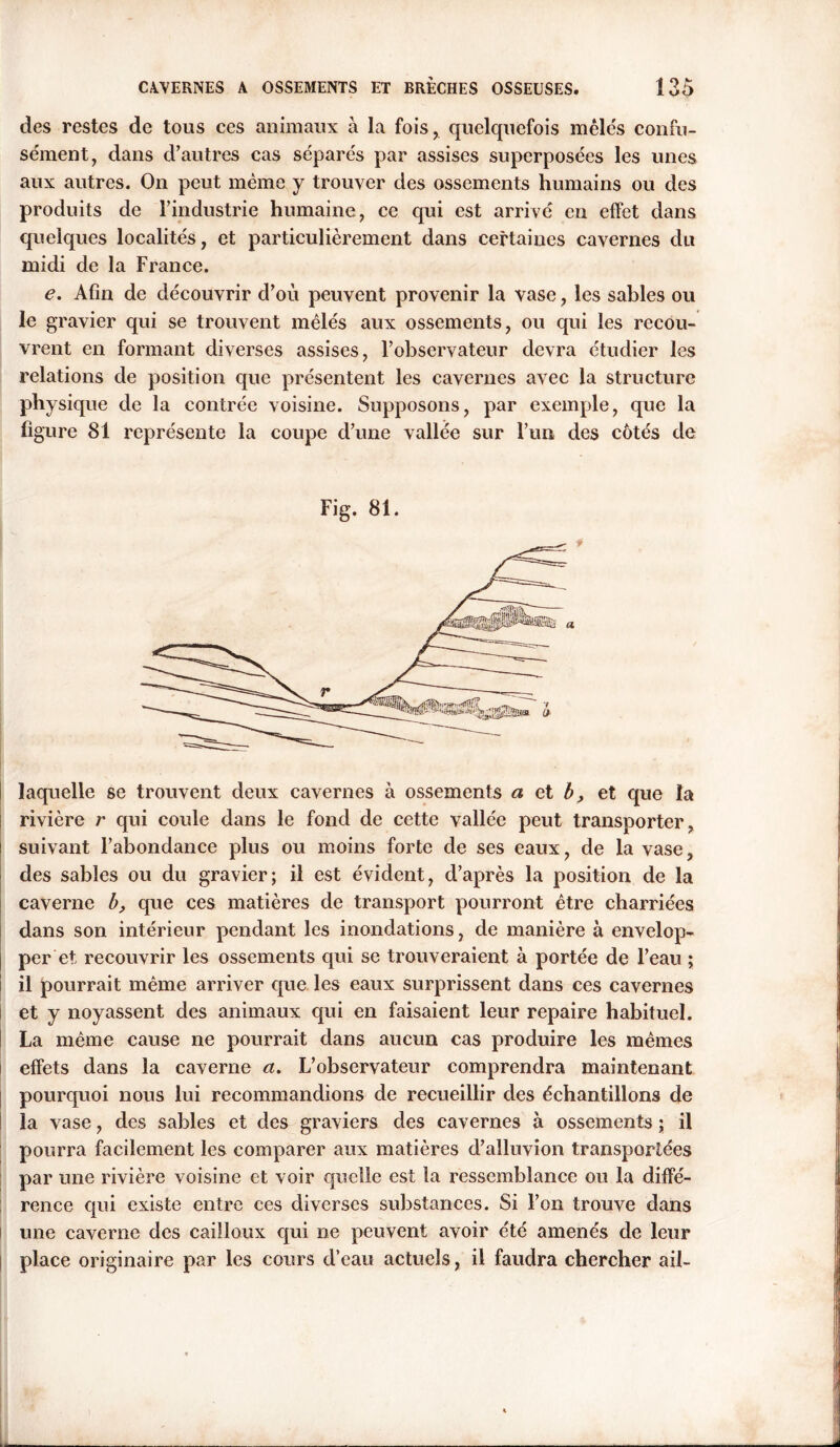 des restes de tous ces animaux à la fois, quelquefois mêlés confu- sément, dans d’autres cas séparés par assises superposées les unes aux autres. On peut même y trouver des ossements humains ou des produits de l’industrie humaine, ce qui est arrivé en effet dans quelques localités, et particulièrement dans certaines cavernes du midi de la France. e. Afin de découvrir d’où peuvent provenir la vase, les sables ou le gravier qui se trouvent mêlés aux ossements, ou qui les recou- vrent en formant diverses assises, l’observateur devra étudier les relations de position que présentent les cavernes avec la structure physique de la contrée voisine. Supposons, par exemple, que la figure 81 représente la coupe d’une vallée sur rua des côtés de Fig. 81. laquelle se trouvent deux cavernes à ossements a et b, et que la rivière r qui coule dans le fond de cette vallée peut transporter, suivant l’abondance plus ou moins forte de ses eaux, de la vase, des sables ou du gravier; il est évident, d’après la position de la caverne b, que ces matières de transport pourront être charriées dans son intérieur pendant les inondations, de manière à envelop- per et recouvrir les ossements qui se trouveraient à portée de l’eau ; il pourrait même arriver que les eaux surprissent dans ces cavernes et y noyassent des animaux qui en faisaient leur repaire habituel. La même cause ne pourrait dans aucun cas produire les mêmes effets dans la caverne a. L’observateur comprendra maintenant pourquoi nous lui recommandions de recueillir des échantillons de la vase, des sables et des graviers des cavernes à ossements ; il pourra facilement les comparer aux matières d’alluvion transportées par une rivière voisine et voir quelle est la ressemblance ou la diffé- rence qui existe entre ces diverses substances. Si l’on trouve dans une caverne des cailloux qui ne peuvent avoir été amenés de leur place originaire par les cours d’eau actuels, il faudra chercher ail-