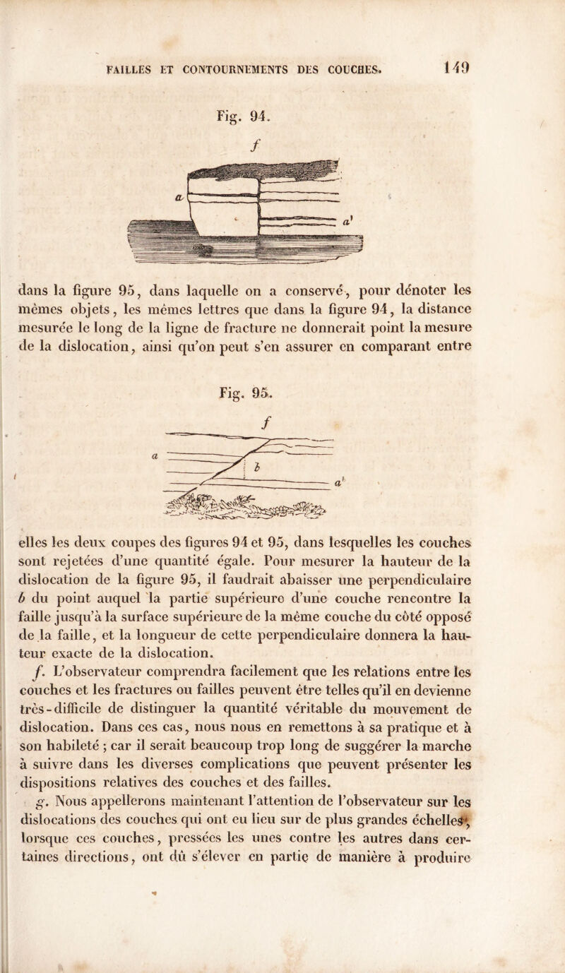 Fig. 94. / dans la figure 95, dans laquelle on a conservé , pour dénoter les mêmes objets, les mêmes lettres que dans la figure 94, la distance mesurée le long de la ligne de fracture ne donnerait point la mesure de la dislocation, ainsi qu’on peut s’en assurer en comparant entre Fig. 95. / elles les deux coupes des figures 94 et 95, dans lesquelles les couches sont rejetées d’une quantité égale. Pour mesurer la hauteur de la dislocation de la figure 95, il faudrait abaisser une perpendiculaire b du point auquel la partie supérieure d’une couche rencontre la faille jusqu’à la surface supérieure de la même couche du côté opposé de la faille, et la longueur de cette perpendiculaire donnera la hau- teur exacte de la dislocation. f. L’observateur comprendra facilement que les relations entre les couches et les fractures ou failles peuvent être telles qu’il en devienne très - difficile de distinguer la quantité véritable du mouvement de dislocation. Dans ces cas, nous nous en remettons à sa pratique et à son habileté ; car il serait beaucoup trop long de suggérer la marche à suivre dans les diverses complications que peuvent présenter les dispositions relatives des couches et des failles. g. Nous appellerons maintenant l’attention de l’observateur sur les dislocations des couches cpii ont eu lieu sur de plus grandes échelles4, lorsque ces couches, pressées les unes contre les autres dans cer- taines directions, ont dû s’élever en partie de manière à produire