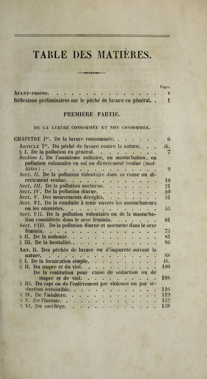 TABLE DES MATIÈRES. Pages. Avant-propos v Réflexions préliminaires sur le péché de luxure en général. . 1 PREMIÈRE PARTIE. DE LA LUXURE CONSOMMÉE ET NON CONSOMMÉE. CHAPITRE Ier. De la luxure consommée 6 Article Ier. Du péché de luxure contre la nature. . . ib. § I. De la pollution en général 7 Section I. De l’onanisme solitaire, ou masturbation, ou pollution volontaire en soi ou directement voulue (mol- lities ) 9 Sect. IL De la pollution volontaire dans sa cause ou di- rectement voulue 10 Sect. III. De la pollution nocturne 21 Sect. IV. De la pollution diurne AO Sect. V. Des mouvements déréglés 51 Sect. VI. De la conduite à tenir envers les masturbateurs ou les onanistes 53 Sect. VIL De la pollution volontaire ou de la masturba- tion considérée dans le sexe féminin 61 Sect. VIII. De la pollution diurne et nocturne dans le sexe féminin 73 § II. De la sodomie^ 83 § III. De la bestialité 86 Art. II. Des péchés de luxure ou d’impureté suivant la nature 88 S I. De la fornication simple Ib. § II. Du stupre et du viol 100 De la restitution pour cause de séduction ou de stupre et de viol 108 § III. Du rapt ou de l’enlèvement par violence ou par sé- duction irrésistible 116 S IV. De l’adultère 119 $ V. De l’inceste 132 § VI. Du sacrilège 138