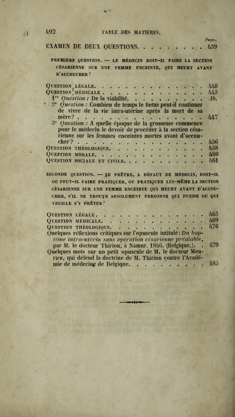 Pages. EXAMEN DE DEUX QUESTIONS 439 PREMIÈRE QUESTION. — LE MÉDECIN DOIT-IL FAIRE LA SECTION CÉSARIENNE SUR UNE FEMME ENCEINTE, QUI MEURT AVANT D’ACCOUCHER? Question^ légale 440 Question* médicale 443 lrc Question : De la viabilité lb. 9 2e Question : Combien de temps le fœtus peut-il continuer de vivre de la vie intra-utérine après la mort de sa mère ? 447 3e Question : A quelle époque de la grossesse commence pour le médecin le devoir de procéder à la section césa- rienne sur les femmes enceintes mortes avant d’accou- cher? 456 Question théologiqtje 458 Question morale 460 Question sociale et civile 461 SECONDE QUESTION. — LE PRÊTRE, A DÉFAUT DE MÉDECIN, DOIT-IL OU PEUT-IL FAIRE PRATIQUER, OU PRATIQUER LUI-MÊME LA SECTION CÉSARIENNE SUR UNE FEMME ENCEINTE QUI MEURT AVANT D’ACCOU- CHER, S’IL NE TROUVE ABSOLUMENT PERSONNE QUI PUISSE OU QUI VEUILLE S’Y PRÊTER? Question légale 463 Question médicale 469 Question théologique 476 Quelques réflexions critiques sur l’opuscule intitulé : Du bap- tême intra-utérin sans opération césarienne préalable, par M. le docteur Thirion, à Namur. 1846. (Belgique.). . 479 Quelques mots sur un petit opuscule de M. le docteur Meu- nce, qui défend la doctrine de M. Thirion contre l’Acadé- mie de médecine de Belgique 485