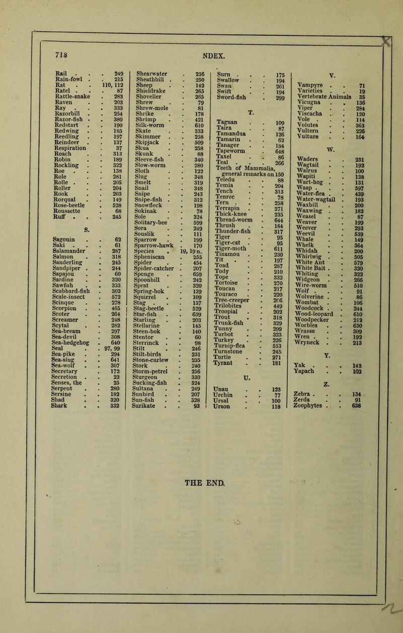 Rail . Rain-fowl . Rat Ratel . Rattle-snake Raven Ray Razorbill Razor-fish . Redstart Redwing Reedling Reindeer Respiration Roach Robin Rockling Roe Role Rolle . Roller Rook Rorqual Rose-beetle Roussette Ruff . S. Sagouin Saki Salamander Salmon Sanderling Sandpiper . Sapajou Sardine Sawfish Scabbard-fish Scale-insect Scinque Scorpion Scoter Screamer Scytal Sea-bream Sea-devil Sea-hedgehog Seal . Sea-pike Sea-slug Sea-wolf Secretary Secretion Senses, the Serpent Sersine Shad Shark 249 215 110, 112 87 283 203 333 254 380 190 185 197 137 37 313 189 322 138 281 205 204 203 149 528 68 245 62 61 287 318 245 244 60 320 333 302 572 278 465 264 248 282 297 308 640 97, 99 294 641 307 172 22 25 280 182 320 332 Shearwater 256 Sheathbill . 250 Sheep 142 Shieldrake 265 Shoveller 265 Shrew 79 Shrew-mole 81 Shrike 178 Shrimp 421 Silk-worm 610 Skate 333 Skimmer 258 Skipjack 509 Skua 258 Skunk 88 Sleeve-fish 340 Slow-worm 280 Sloth 122 Slug 348 Smelt 319 Snail 348 Snipe 243 Snipe-fish . 312 Snowfleck 198 Sokinak 78 Sole 324 Solitary-bee 599 Sora 249 Souslik 111 Sparrow 199 Sparrow-hawk 170 Species . 19, 19 n. Spheniscan 255 Spider 454 Spider-catcher 207 Sponge 659 Spoonbill 242 Sprat 320 Spring-bok 139 Squirrel 109 Stag . 137 Stag-beetle 529 Star-fish 639 Starling 203 Stellarine 145 Steen-bok 140 Stentor 60 Sterrinck . 98 Stilt 246 Stilt-birds 231 Stone-curlew 235 Stork 240 Storm-petrel 256 Sturgeon 330 Sucking-fish 324 Sultana 249 Sunbird 207 Sun-fish 328 Surikate 93 Sum . 175 Swallow 194 Swan 261 Swift 194 Sword-fish 299 T. Taguan 109 Taira 87 Tamandua 126 Tamarin 62 Tanager 184 Tapeworm 648 Taxel 86 Teal . 266 Jt«iu ui iTxaiJtJiiiaiia, general remarks on 150 Teledu 88 Temia 204 Tench 313 Tenrec 78 Tern . 258 Terrapin 271 Thick-knee 235 Thread-worm 644 Thrush 184 Thunder-fish 317 Tiger 95 Tiger-cat . 95 Tiger-moth 611 Tinamou 230 Tit 197 Toad 287 Tody 210 Tope 332 Tortoise 270 Toucan 217 Touraco 220 Tree-creeper 2C6 Trilobites 449 Troopial 202 Trout 318 Trunk-fish 329 Tunny 299 Turbot 323 Turkey 226 Turnip-flea 553 Turnstone 245 Turtle 271 Tyrant 181 U. Unau 123 Urchin 77 Ursal 100 Urson 118 V. Vampyre 71 Varieties 19 Vertebrate Animals 35 Vicugna 136 Viper 284 Viscacha . 120 Vole . 114 Volutes 363 Vultern 226 Vulture 164 W. Waders 231 Wagtail 192 Walrus 100 Wapiti 138 Wart-hog . 131 Wasp . 597 Water-flea . 439 Water-wagtail 193 Waxbill 200 Waxwing . 182 Weasel 87 Weaver 199 Weever 293 Weevil 539 Whale 149 Whelk 364 Whidah 200 Whirlwig . 505 White Ant 579 White Bait . 320 Whiting 322 Widgeon 266 Wire-worm 510 Wolf . 91 Wolverine . 86 Wombat 106 Woodcock . 244 Wood-leopard 610 Woodpecker 212 Worbles 630 Wrasse 309 Wren . 192 Wryneck . 213 Y. Yak . 143 Yapach 102 Z. Zebra . 134 Zerda 91 Zoophytes . 638 THE END.