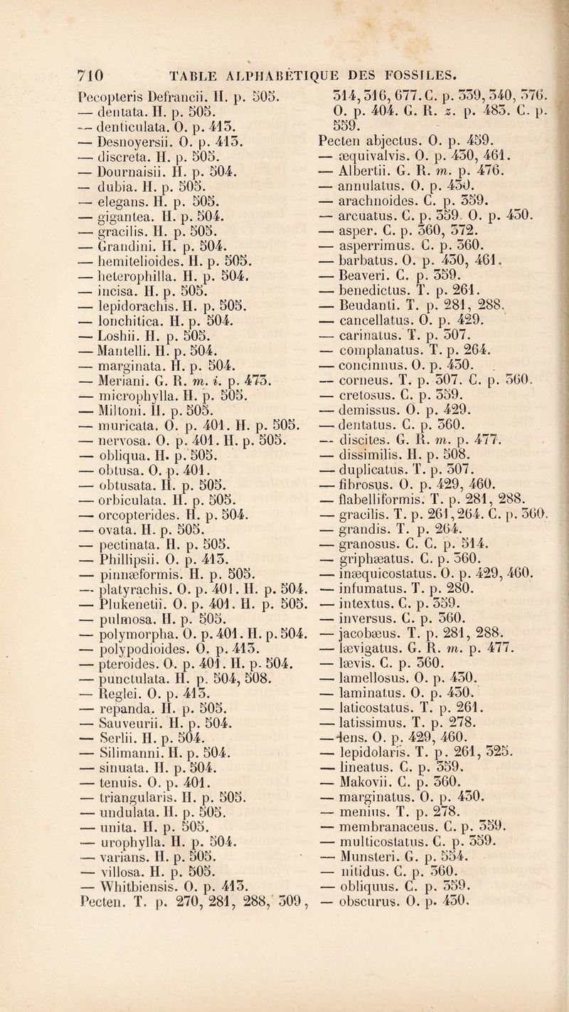 Pecopteris Defrancii. il. p. 505. — dentata. H. p. 505. — denticulata. O. p. 415. — Desnoyersii. O. p. 415. — discreta. H. p. 505. — Dournaisii. H. p. 504. — dubia. II. p. 505. — elegans. H. p. 505. — gigantea. H. p. 504. — gracilis. H. p. 505. ■— Grandini. H. p. 504. — hemitelioides. H. p. 505. — heterophilla. H. p. 504. — incisa. H. p. 505. — lepidorachis. H. p. 505. — lonchitica. H. p. 504. ■— Loshii. H. p. 505. — Mantelli. H. p. 504. — marginata. H. p. 504. — Meriani. G. R. m. i. p. 475. •— micro pli y lia. II. p. 505. — Miltoni. H. p. 505. — muricata. O. p. 401. H. p. 505. — nervosa. O. p. 401. II. p. 505. — obliqua. II. p. 505. — obtusa. O. p. 401. -— obtusata. II. p. 505. -— orbiculata. II. p. 505. ■— orcopterides. H. p. 504. -— ovata. H. p. 505. — pectinata. H. p. 505. — Phillipsii. O. p. 415. — pinnæformis. H. p. 505. — platyrachis. O. p. 401. H. p. 504. ■— Plukenetiî. O. p. 401. H. p. 505. — pulmosa. H. p. 505. — polymorpha. O. p. 401. II. p. 504. — polypodioides. O. p. 415. — pteroides. O. p. 401. H. p. 504. — punctulata. H. p. 504, 508. — Reglei. O. p. 415. — repanda. II. p. 505. — Sauveurii. H. p. 504. —• Serlii. H. p. 504. — Silimanni. H. p. 504. —■ sirmata. H. p. 504. tenuis. O. p. 401. — triangularis. H. p. 505. — undulata. H. p. 505. — unita. H. p. 505. — urophylla. II. p. 504. — varians. II. p. 505. — villosa. H. p. 505. — Whitbiensis. O. p. 415. Pecten. T. p. 270, 281, 288, 509, 514,516, 677. G. p. 559, 540, 576. O. p. 404. G. R. z. p. 485. G. p. 559. Pecten abjectus. O. p. 459. — æquivalvis. O. p. 450, 461. — Albertii. G. R. m. p. 476. — annulatus. O. p. 450. — arachnoïdes. C. p. 559. — arcuatus. C. p. 559 O. p. 450. — asper. C. p. 560, 572. •—■ asperrimus. C. p. 560. — barbatus. O. p. 450, 461. ■— Beaveri. G. p. 559. •— benedictus. T. p. 261. — Beudanti. T. p. 281, 288. —- cancellatus. O. p. 429. — carinatus. T. p. 507. — complanatus. T. p. 264. — concinnus. O. p. 450. — corneus. T. p. 507. C. p. 560. — cretosus. C. p. 559. — demissus. O. p. 429. — dentatus. G. p. 560. — discites. G. R. m. p. 477. — dissimilis. II. p. 508. — duplicatus. T. p. 507. — fibrosus. O. p. 429, 460. ■— flabelliformis. T. p. 281, 288. — gracilis. T. p. 261,264. G. p. 560. — grandis. T. p. 264. —granosus. C. C. p. 514. — gripliæatus. G. p. 560. — inæquicostatus. O. p. 429, 460. — infumatus. T. p. 280. — intextus. C. p. 559. — inversus. G. p. 560. — jacobæus. T. p. 281, 288. — lævigatus. G. R. m. p. 477. — lævis. C. p. 560. — lamellosus. O. p. 450. — laminatus. O. p. 450. — laticostatus. T. p. 261. — latissimus. T. p. 278. — -lens. O. p. 429, 460. — lepidolaris. T. p. 261, 525. — lineatus. C. p. 559, — Makovii. G. p. 560. — marginatus. O. p. 450. — menius. T. p. 278. — membranaceus. C. p. 559. — multicostatus. C. p. 559. —' Munsteri. G. p. 554. — nitidus. G. p. 560. — obliquus. C. p. 559. — obscurus. O. p. 450.