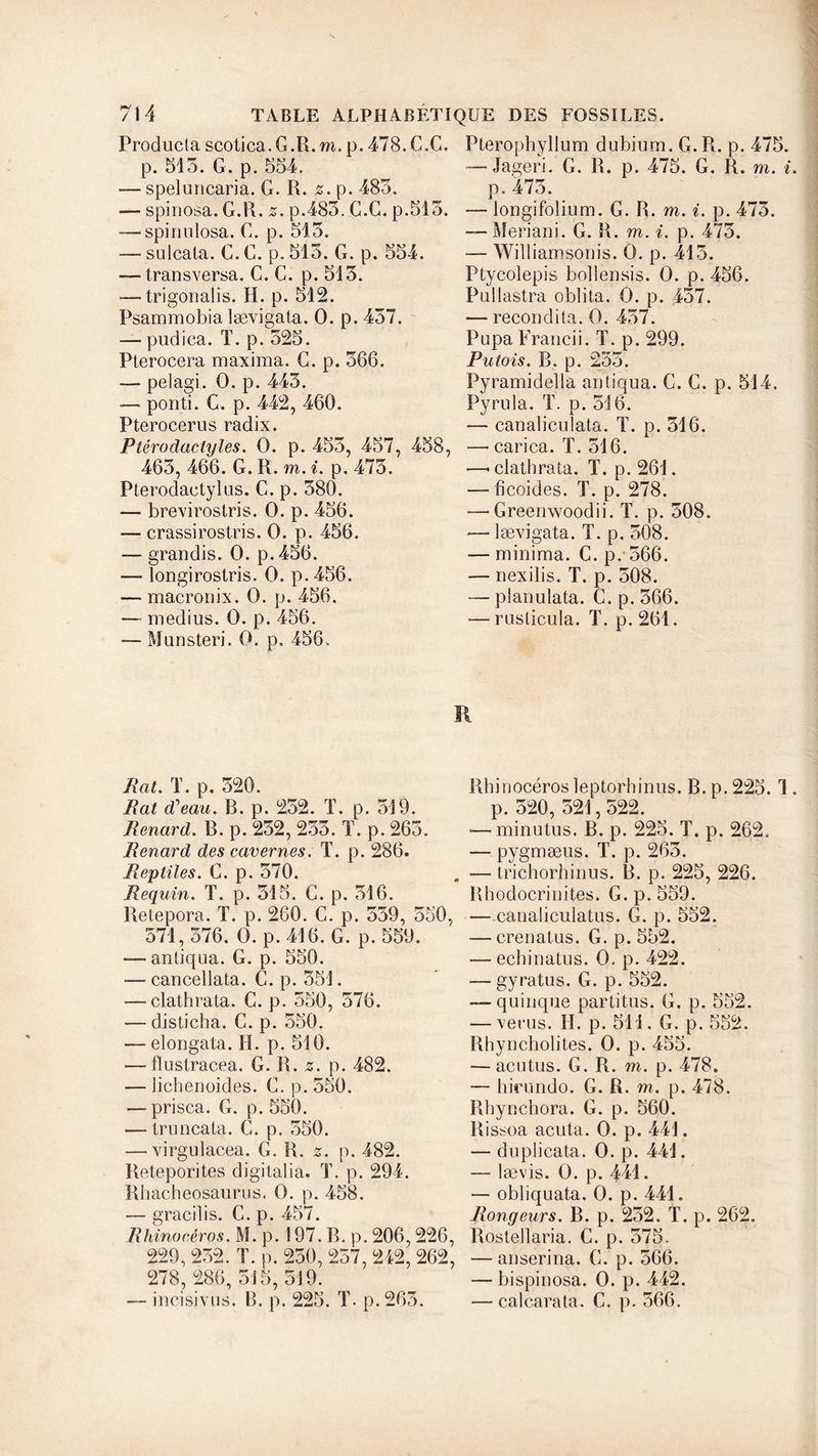 Producta scotica. G .R. m. p. 478. G.G. p. 513. G. p. 554. — speluncaria. G. R. z. p. 483. — spinosa. G.R. z. p.483. C.G. p.513. — spinulosa. G. p. 513. — sulcata. G. G. p. 513. G. p. 554. transversa. C. G. p. 515. — trigonalis. H. p. 512. Psammobia lævigata. 0. p. 457. — pudica. T. p. 525. Pterocera maxima. C. p. 566. — pelagi. 0. p. 443. —• ponti. G. p. 442, 460. Pterocerus radix. Ptérodactyles. 0. p. 455, 457, 458, 463, 466. G. R. m. i. p. 475. Pterodactyl us. G. p. 580. — brevirostris. 0. p. 456. — crassirostris. 0. p. 456. — grandis. 0. p. 456. — longirostris. 0. p. 456. — macronix. 0. p. 456. — médius. 0. p. 456. — Munsteri. 0. p. 456. Pteropbyllum dubium. G. R. p. 475. — Jageri. G. R. p. 475. G. R. m. i. p. 475. — longifolium. G. R. m. i. p. 473. — Meriani. G. R. m. i. p. 473. — Williamsonis. 0. p. 415. Ptycolepis bollensis. 0. p. 456. Pultastra oblita. 0. p. 157. — recondita. 0. 457. Pupa Francii. T. p. 299. Putois. B. p. 235. Pyramidella antiqua. C. G. p. 514. Pyrula. T. p. 516. — canaliculata. T. p. 516. —■ carica. T. 516. —• clathrata. T. p. 261. — ficoides. T. p. 278. — Greenwoodii. T. p. 308. ■— lævigata. T. p. 508. — minima. C. p. 566. — nexilis. T. p. 508. — planulata. G. p. 366. — rusticula. T. p. 261. Rat. T. p. 520. Rat ddeau. B. p. 252. T. p. 519. Renard. B. p. 252, 253. T. p. 263. Renard des cavernes. T. p. 286. Reptiles. G. p. 570. Requin. T. p. 515. C. p. 516. Retepora. T. p. 260. C. p. 559, 350, 571, 576. 0. p. 416. G. p. 559. — antiqua. G. p. 550. — cancellata. G. p. 351. — clathrata. C. p. 550, 576. — disticha. C. p. 550. — elongata. H. p. 510. — flustracea. G. R. z. p. 482. — lichenoides. G. p. 550. — prisca. G. p. 550. — truncata. C. p. 550. — virgulacea. G. R. z. p. 482. Reteporites digitalia- T. p. 294. Rhacheosaurus. O. p. 458. — gracilis. C. p. 457. Rhinocéros. M. p. 197. B. p. 206,226, 229, 252. T. p. 250, 257, 212, 262, 278, 286, 515, 519. — incisivus. B. p. 225. T. p.263. Rhinocéros leptorhinus. B. p. 225. 1, p. 520, 521,522. *—minutus. B. p. 225. T. p. 262. — pygmæus. T. p. 263. — trichorhinus. B. p. 225, 226. Rhodocrinites. G. p. 559. — canaliculatus. G. p. 552. — crenatus. G. p. 552. — echinatus. O. p. 422. — gyratus. G. p. 552. — quinque partitus. G. p. 552. — verus. H. p. 511. G. p. 552. Rhyncholites. 0. p. 455. — acutus. G. R. m. p. 478. — hirundo. G. R. m. p. 478. Rhynchora. G. p. 560. Rissoa acuta. 0. p. 441. — duplicata. O. p. 441. — lævis. O. p. 441. — obliquata. 0. p. 441. Rongeurs. B. p. 252. T. p. 262. Rostellaria. G. p. 575. — an serina. G. p. 566. — bispinosa. 0. p. 442. — calcarata. C. p. 566.