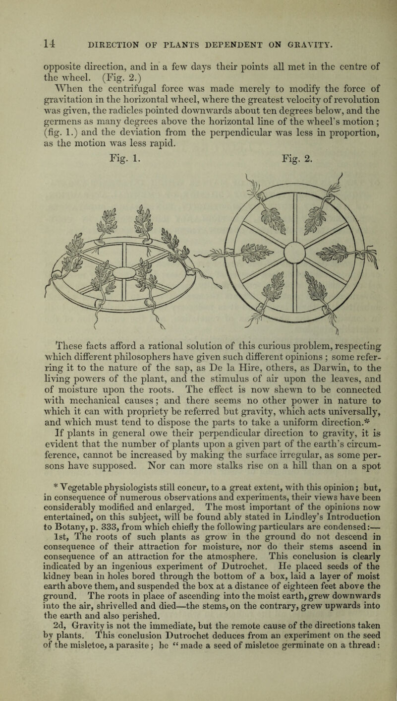 opposite direction, and in a few days their points all met in the centre of the wheel. (Fig. 2.) When the centrifugal force was made merely to modify the force of gravitation in the horizontal wheel, where the greatest velocity of revolution was given, the radicles pointed downwards about ten degrees below, and the germens as many degrees above the horizontal line of the wheel’s motion ; (fig. 1.) and the deviation from the perpendicular was less in proportion, as the motion was less rapid. Fig. 1. Fig. 2. These facts afford a rational solution of this curious problem, respecting which different philosophers have given such different opinions ; some refer- ring it to the nature of the sap, as De la Hire, others, as Darwin, to the living powers of the plant, and the stimulus of air upon the leaves, and of moisture upon the roots. The effect is now shewn to be connected with mechanical causes; and there seems no other power in nature to which it can with propriety be referred but gravity, which acts universally, and which must tend to dispose the parts to take a uniform direction.* If plants in general owe their perpendicular direction to gravity, it is evident that the number of plants upon a given part of the earth's circum- ference, cannot be increased by making the surface irregular, as some per- sons have supposed. Nor can more stalks rise on a hill than on a spot * Vegetable physiologists still concur, to a great extent, with this opinion; but, in consequence of numerous observations and experiments, their views have been considerably modified and enlarged. The most important of the opinions now entertained, on this subject, will be found ably stated in Lindley’s Introduction to Botany, p. 333, from which chiefly the following particulars are condensed:— 1st, The roots of such plants as grow in the ground do not descend in consequence of their attraction for moisture, nor do their stems ascend in consequence of an attraction for the atmosphere. This conclusion is clearly indicated by an ingenious experiment of Dutrochet. He placed seeds of the kidney bean in holes bored through the bottom of a box, laid a layer of moist earth above them, and suspended the box at a distance of eighteen feet above the ground. The roots in place of ascending into the moist earth, grew downwards into the air, shrivelled and died—the stems, on the contrary, grew upwards into the earth and also perished. 2d, Gravity is not the immediate, but the remote cause of the directions taken by plants. This conclusion Dutrochet deduces from an experiment on the seed of the misletoe, a parasite; he <£ made a seed of misletoe germinate on a thread: