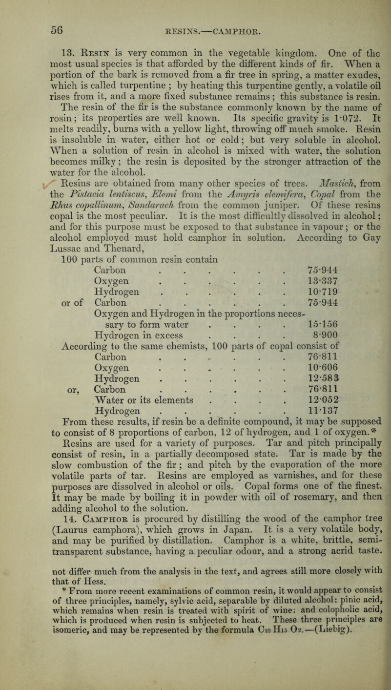 13. Resin is very common in the vegetable kingdom. One of the most usual species is that afforded by the different kinds of fir. When a portion of the bark is removed from a fir tree in spring, a matter exudes, which is called turpentine ; by heating this turpentine gently, a volatile oil rises from it, and a more fixed substance remains; this substance is resin. The resin of the fir is the substance commonly known by the name of rosin; its properties are well known. Its specific gravity is T072. It melts readily, burns with a yellow light, throwing off much smoke. Resin is insoluble in water, either hot or cold; but very soluble in alcohol. WTien a solution of resin in alcohol is mixed with water, the solution becomes milky; the resin is deposited by the stronger attraction of the water for the alcohol. Resins are obtained from many other species of trees. Mastich, from the Pistacia lentiscus, Elemi from the Amxjris elemifera, Copal from the Rhus copallinum, Sandarach from the common juniper. Of these resins copal is the most peculiar. It is the most difficultly dissolved in alcohol; and for this purpose must be exposed to that substance in vapour; or the alcohol employed must hold camphor in solution. According to Gay Lussac and Thenard, 100 parts of common resin contain Carbon ...... 75-944 Oxygen ...... 13*337 Hydrogen ...... 10*719 or of Carbon ...... 75*944 Oxygen and Hydrogen in the proportions neces- sary to form water . . . . 15*156 Hydrogen in excess .... 8*900 According to the same chemists, 100 parts of copal consist of Carbon . 76*811 Oxygen ...... 10*606 Hydrogen ...... 12*583 or, Carbon ...... 76*811 .Water or its elements .... 12*052 Hydrogen ...... 11T37 From these results, if resin be a definite compound, it may be supposed to consist of 8 proportions of carbon, 12 of hydrogen, and 1 of oxygen.* Resins are used for a variety of purposes. Tar and pitch principally consist of resin, in a partially decomposed state. Tar is made by the slow combustion of the fir; and pitch by the evaporation of the more volatile parts of tar. Resins are employed as varnishes, and for these purposes are dissolved in alcohol or oils. Copal forms one of the finest. It may be made by boiling it in powder with oil of rosemary, and then adding alcohol to the solution. 14. Camphor is procured by distilling the wood of the camphor tree (Laurus camphora), which grows in Japan. It is a very volatile body, and may be purified by distillation. Camphor is a white, brittle, semi- transparent substance, having a peculiar odour, and a strong acrid taste. not differ much from the analysis in the text, and agrees still more closely with that of Hess. * From more recent examinations of common resin, it would appear to consist of three principles, namely, sylvic acid, separable by diluted alcohol: pinic acid, which remains when resin is treated with spirit of wine; and colopholic acid, which is produced when resin is subjected to heat. These three principles are isomeric, and may be represented by the formula C20H13 O2.—(Iiiebig).