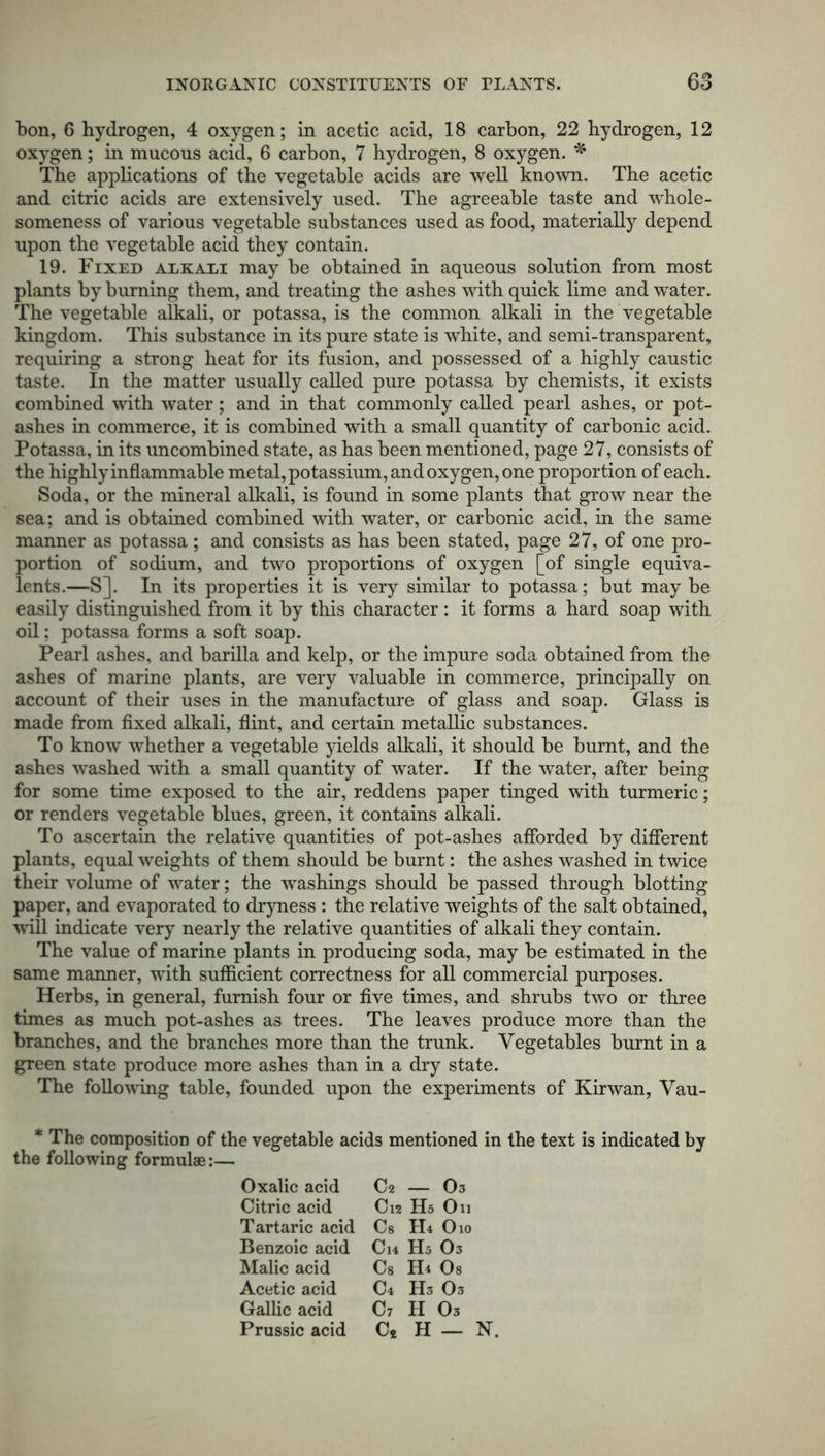 bon, 6 hydrogen, 4 oxygen; in acetic acid, 18 carbon, 22 hydrogen, 12 oxygen; in mucous acid, 6 carbon, 7 hydrogen, 8 oxygen. * The applications of the vegetable acids are well known. The acetic and citric acids are extensively used. The agreeable taste and whole- someness of various vegetable substances used as food, materially depend upon the vegetable acid they contain. 19. Fixed alkali may be obtained in aqueous solution from most plants by burning them, and treating the ashes with quick lime and water. The vegetable alkali, or potassa, is the common alkali in the vegetable kingdom. This substance in its pure state is white, and semi-transparent, requiring a strong heat for its fusion, and possessed of a highly caustic taste. In the matter usually called pure potassa by chemists, it exists combined with water; and in that commonly called pearl ashes, or pot- ashes in commerce, it is combined with a small quantity of carbonic acid. Potassa, in its uncombined state, as has been mentioned, page 27, consists of the highly inflammable metal, potassium, and oxygen, one proportion of each. Soda, or the mineral alkali, is found in some plants that grow near the sea; and is obtained combined with water, or carbonic acid, in the same manner as potassa; and consists as has been stated, page 27, of one pro- portion of sodium, and two proportions of oxygen [of single equiva- lents.—S]. In its properties it is very similar to potassa; but maybe easily distinguished from it by this character: it forms a hard soap with oil; potassa forms a soft soap. Pearl ashes, and barilla and kelp, or the impure soda obtained from the ashes of marine plants, are very valuable in commerce, principally on account of their uses in the manufacture of glass and soap. Glass is made from fixed alkali, flint, and certain metallic substances. To know whether a vegetable yields alkali, it should be burnt, and the ashes washed with a small quantity of water. If the water, after being for some time exposed to the air, reddens paper tinged with turmeric; or renders vegetable blues, green, it contains alkali. To ascertain the relative quantities of pot-ashes afforded by different plants, equal weights of them should be burnt: the ashes washed in twice their volume of water; the washings should be passed through blotting paper, and evaporated to dryness : the relative weights of the salt obtained, ■will indicate very nearly the relative quantities of alkali they contain. The value of marine plants in producing soda, may be estimated in the same manner, with sufficient correctness for all commercial purposes. Herbs, in general, furnish four or five times, and shrubs two or three times as much pot-ashes as trees. The leaves produce more than the branches, and the branches more than the trunk. Vegetables burnt in a green state produce more ashes than in a dry state. The following table, founded upon the experiments of Kirwan, Vau- * The composition of the vegetable acids mentioned in the text is indicated by the following formulae:— Oxalic acid C2 — O3 Citric acid C12 Hs On Tartaric acid Cs H4 O10 Benzoic acid C14 Hs O3 Malic acid Cs Hi Os Acetic acid C4 H3 O3 Gallic acid C7 H O3 Prussic acid C* H — N.