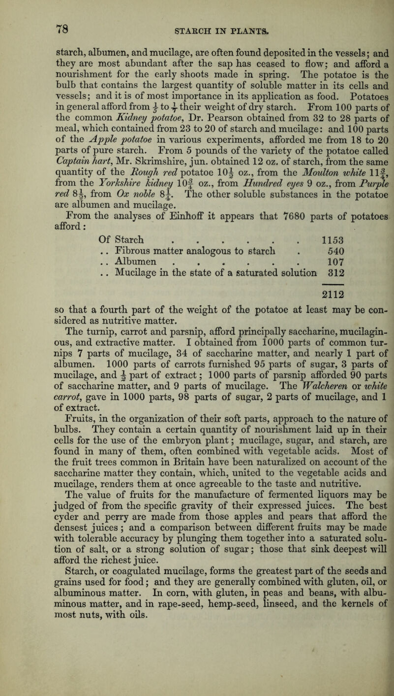 STARCH IN PLANTS. starch, albumen, and mucilage, are often found deposited in the vessels; and they are most abundant after the sap has ceased to flow; and afford a nourishment for the early shoots made in spring. The potatoe is the bulb that contains the largest quantity of soluble matter in its cells and vessels; and it is of most importance in its application as food. Potatoes in general afford from j to their weight of dry starch. From 100 parts of the common Kidney potatoe, Dr. Pearson obtained from 32 to 28 parts of meal, which contained from 23 to 20 of starch and mucilage: and 100 parts of the Apple potatoe in various experiments, afforded me from 18 to 20 parts of pure starch. From 5 pounds of the variety of the potatoe called Captain hart, Mr. Skrimshire, jun. obtained 12 oz. of starch, from the same quantity of the Rough red potatoe 10 J oz., from the Moulton white Ilf, from the Yorkshire kidney lOf oz., from Hundred eyes 9 oz., from Purple red 8J, from Ox noble 8f. The other soluble substances in the potatoe are albumen and mucilage. From the analyses of Einhoff it appears that 7680 parts of potatoes afford: Of Starch 1153 .. Fibrous matter analogous to starch . 540 .. Albumen ...... 107 .. Mucilage in the state of a saturated solution 312 2112 so that a fourth part of the weight of the potatoe at least may be con- sidered as nutritive matter. The turnip, carrot and parsnip, afford principally saccharine, mucilagin- ous, and extractive matter. I obtained from 1000 parts of common tur- nips 7 parts of mucilage, 34 of saccharine matter, and nearly 1 part of albumen. 1000 parts of carrots furnished 95 parts of sugar, 3 parts of mucilage, and j part of extract; 1000 parts of parsnip afforded 90 parts of saccharine matter, and 9 parts of mucilage. The Walcheren or white carrot, gave in 1000 parts, 98 parts of sugar, 2 parts of mucilage, and 1 of extract. Fruits, in the organization of their soft parts, approach to the nature of bulbs. They contain a certain quantity of nourishment laid up in their cells for the use of the embryon plant; mucilage, sugar, and starch, are found in many of them, often combined with vegetable acids. Most of the fruit trees common in Britain have been naturalized on account of the saccharine matter they contain, which, united to the vegetable acids and mucilage, renders them at once agreeable to the taste and nutritive. The value of fruits for the manufacture of fermented liquors may be judged of from the specific gravity of their expressed juices. The best cyder and perry are made from those apples and pears that afford the densest juices ; and a comparison between different fruits may be made with tolerable accuracy by plunging them together into a saturated solu- tion of salt, or a strong solution of sugar; those that sink deepest will afford the richest juice. Starch, or coagulated mucilage, forms the greatest part of the seeds and grains used for food; and they are generally combined with gluten, oil, or albuminous matter. In corn, with gluten, in peas and beans, with albu- minous matter, and in rape-seed, hemp-seed, linseed, and the kernels of most nuts, with oils.