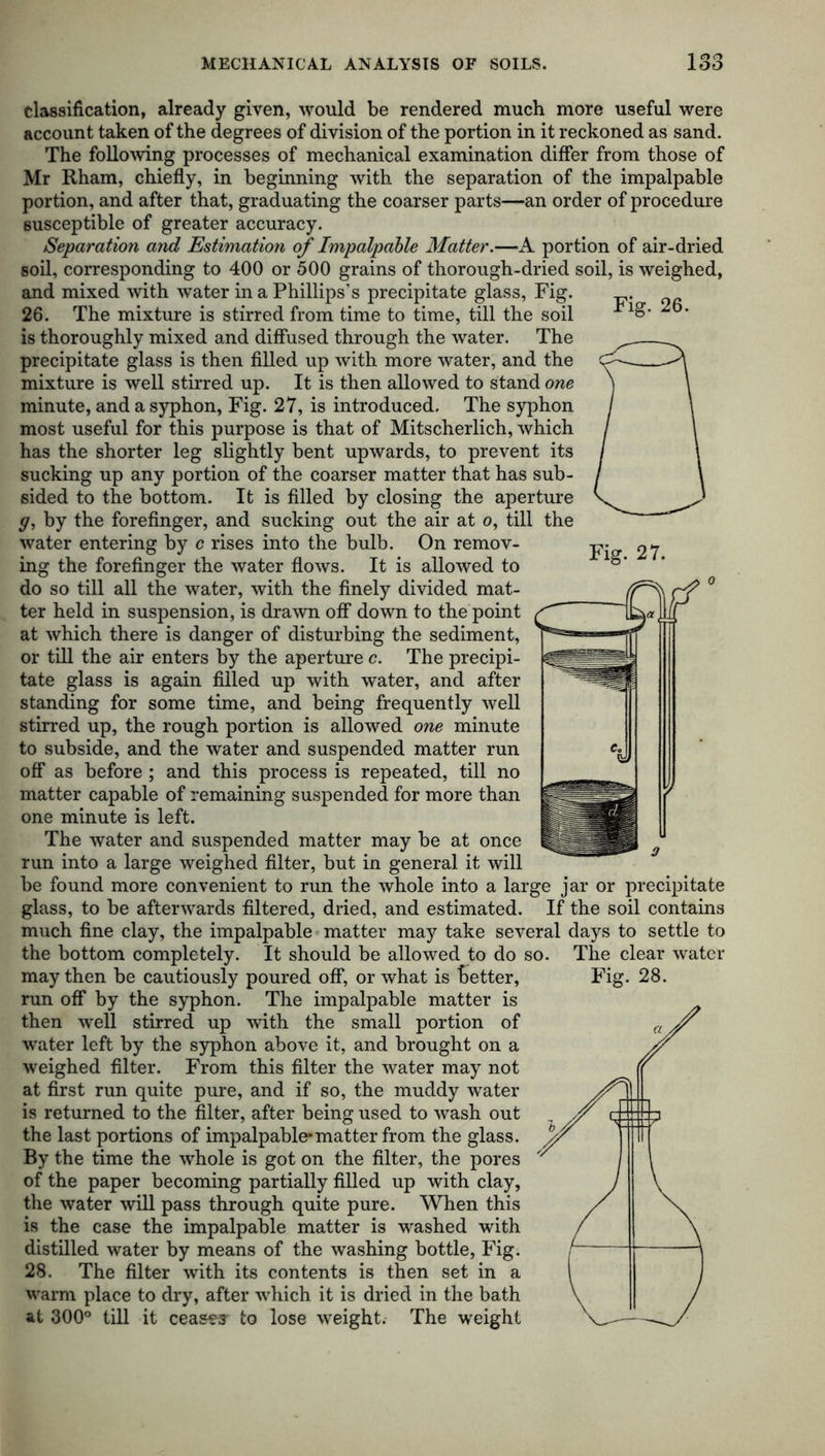 Fig. 26. Fig. 27. classification, already given, would be rendered much more useful were account taken of the degrees of division of the portion in it reckoned as sand. The following processes of mechanical examination differ from those of Mr Rham, chiefly, in beginning with the separation of the impalpable portion, and after that, graduating the coarser parts—an order of procedure susceptible of greater accuracy. Separation and Estimation of Impalpable Matter.—A portion of air-dried soil, corresponding to 400 or 500 grains of thorough-dried soil, is weighed, and mixed with water in a Phillips’s precipitate glass, Fig. 26. The mixture is stirred from time to time, till the soil is thoroughly mixed and diffused through the water. The precipitate glass is then filled up with more water, and the mixture is well stirred up. It is then allowed to stand one minute, and a syphon, Fig. 27, is introduced. The syphon most useful for this purpose is that of Mitscherlich, which has the shorter leg slightly bent upwards, to prevent its sucking up any portion of the coarser matter that has sub- sided to the bottom. It is filled by closing the aperture ff, by the forefinger, and sucking out the air at o, till the water entering by c rises into the bulb. On remov- ing the forefinger the water flows. It is allowed to do so till all the water, with the finely divided mat- ter held in suspension, is drawn off down to the point at which there is danger of disturbing the sediment, or till the air enters by the aperture c. The precipi- tate glass is again filled up with water, and after standing for some time, and being frequently well stirred up, the rough portion is allowed one minute to subside, and the water and suspended matter run off as before ; and this process is repeated, till no matter capable of remaining suspended for more than one minute is left. The water and suspended matter may be at once run into a large weighed filter, but in general it will be found more convenient to run the whole into a large jar or precipitate glass, to be afterwards filtered, dried, and estimated. If the soil contains much fine clay, the impalpable matter may take several days to settle to the bottom completely. It should be allowed to do so. The clear water may then be cautiously poured off, or what is better, run off by the syphon. The impalpable matter is then well stirred up with the small portion of water left by the syphon above it, and brought on a weighed filter. From this filter the water may not at first run quite pure, and if so, the muddy water is returned to the filter, after being used to wash out the last portions of impalpable*matter from the glass. By the time the whole is got on the filter, the pores of the paper becoming partially filled up with clay, the water will pass through quite pure. When this is the case the impalpable matter is washed with distilled water by means of the washing bottle, Fig. 28. The filter with its contents is then set in a warm place to dry, after which it is dried in the bath at 300° till it ceases to lose weight. The weight