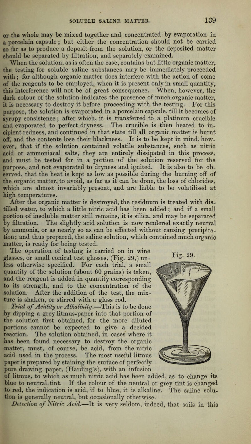 or the whole may be mixed together and concentrated by evaporation in a porcelain capsule; but either the concentration should not be carried so far as to produce a deposit from the solution, or the deposited matter should be separated by filtration, and separately examined. When the solution, as is often the case, contains but little organic matter, the testing for soluble saline substances may be immediately proceeded with; for although organic matter does interfere with the action of some of the reagents to be employed, when it is present only in small quantity, this interference will not be of great consequence. When, however, the dark colour of the solution indicates the presence of much organic matter, it is necessary to destroy it before proceeding with the testing. For this purpose, the solution is evaporated in a porcelain capsule, till it becomes of syrupy consistence; after which, it is transferred to a platinum crucible and evaporated to perfect dryness. The crucible is then heated to in- cipient redness, and continued in that state till all organic matter is burnt off, and the contents lose their blackness. It is to be kept in mind, how- ever, that if the solution contained volatile substances, such as nitric acid or ammoniacal salts, they are entirely dissipated in this process, and must be tested for in a portion of the solution reserved for the purpose, and not evaporated to dryness and ignited. It is also to be ob- served, that the heat is kept as low as possible during the burning off of the organic matter, to avoid, as far as it can be done, the loss of chlorides, which are almost invariably present, and are liable to be volatilised at high temperatures. After the organic matter is destroyed, the residuum is treated with dis- tilled water, to which a little nitric acid has been added; and if a small portion of insoluble matter still remains, it is silica, and may be separated by filtration. The slightly acid solution is now rendered exactly neutral by ammonia, or as nearly so as can be effected without causing precipita- tion; and thus prepared, the saline solution, which contained much organic matter, is ready for being tested. The operation of testing is carried on in wine glasses, or small conical test glasses, (Fig. 29,) un- less otherwise specified. For each trial, a small quantity of the solution (about 60 grains) is taken, and the reagent is added in quantity corresponding to its strength, and to the concentration of the solution. After the addition of the test, the mix- ture is shaken, or stirred with a glass rod. Trial of Acidity or Alkalinity.—This is to be done by dipping a grey litmus-paper into that portion of the solution first obtained, for the more diluted portions cannot be expected to give a decided reaction. The solution obtained, in cases where it has been found necessary to destroy the organic matter, must, of course, be acid, from the nitric acid used in the process. The most useful litmus paper is prepared by staining the surface of perfectly pure drawing paper, (Harding’s), with an infusion of litmus, to which as much nitric acid has been added, as to change its blue to neutral-tint. If the colour of the neutral or grey tint is changed to red, the indication is acid, if to blue, it is alkaline. The saline solu- tion is generally neutral, but occasionally otherwise. Detection of Nitric Acid.—It is very seldom, indeed, that soils in this