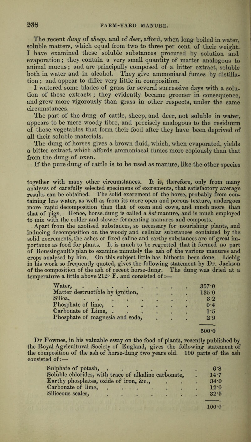 The recent dung of sheep, and of deer, afford, when long boiled in water, soluble matters, which equal from two to three per cent, of their weight. I have examined these soluble substances procured by solution and evaporation; they contain a very small quantity of matter analogous to animal mucus; and are principally composed of a bitter extract, soluble both in water and in alcohol. They give ammoniacal fumes by distilla- tion ; and appear to differ very little in composition. I watered some blades of grass for several successive days with a solu- tion of these extracts ; they evidently became greener in consequence, and grew more vigorously than grass in other respects, under the same circumstances. The part of the dung of cattle, sheep, and deer, not soluble in water, appears to be mere woody fibre, and precisely analogous to the residuum of those vegetables that form their food after they have been deprived of all their soluble materials. The dung of horses gives a brown fluid, which, when evaporated, yields a bitter extract, which affords ammoniacal fumes more copiously than that from the dung of oxen. If the pure dung of cattle is to be used as manure, like the other species together with many other circumstances. It is, therefore, only from many analyses of carefully selected specimens of excrements, that satisfactory average results can he obtained. The solid excrement of the horse, probably from con- taining less water, as well as from its more open and porous texture, undergoes more rapid decomposition than that of oxen and cows, and much more than that of pigs. Hence, horse-dung is called a hot manure, and is much employed to mix with the colder and slower fermenting manures and composts. Apart from the azotised substances, so necessary for nourishing plants, and inducing decomposition on the woody and cellular substances contained by the solid excrements, the ashes or fixed saline and earthy substances are of great im- portance as food for plants. It is much to be regretted that it formed no part of Boussingault’s plan to examine minutely the ash of the various manures and crops analysed by him. On this subject little has hitherto been done. Liebig in his work so frequently quoted, gives the following statement by Dr. Jackson of the composition of the ash of recent horse-dung. The dung was dried at a temperature a little above 212° F. and consisted of:— Water, ........ 357*0 Matter destructible by ignition, . . . 135 0 Silica, . 3 2 Phosphate of lime, ...... 0*4 Carbonate of Lime, ...... P5 Phosphate of magnesia and soda, . . . 2*9 500*0 Dr Fownes, in his valuable essay on the food of plants, recently published by the Royal Agricultural Society of England, gives the following statement of the composition of the ash of horse-dung two years old. 100 parts of the ash consisted of:— Sulphate of potash, ....... 6'8 Soluble chlorides, with trace of alkaline carbonate, . 14*7 Earthy phosphates, oxide of iron, &c., . . . 34*0 Carbonate of lime, . . . . . . . 12*0 Siliceous scales, . . . . . . . 32*5 1000