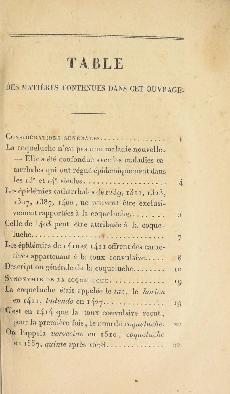 TABLE DES MATIÈRES CONTENUES DANS CET OUVRAGE. Considérations générales t La coqueluche n’est pas une maladie nouvelle. — Elle a été confondue avec les maladies ca- tarrhales qui ont régné épidértliqiiement dans les i3e et i4e siècles 4 Les épidémies catharrhales de 1^9, i3ti, i323, i3an, 1387^ iZfûo, ne peuvent être exclusi- vement rapportées à la coqueluche 5 Celle de i4o3 peut être attribuée à la coque- luche n Les épidémies de i/fioet iZfii offrent des carac- tères appartenant à la toux convulsive 8 Description générale de la coqueluche 10 Synonymie de la coqueluche jq La coqueluche était appelée le tac, le horion en 1411 ? ladendo en 1^7 i<) C est en 1414 ciue la toux convulsive reçut, pour la première fois, le nom de coqueluche. 20 On 1 appela veivecine en i5io, coqueluche en 155^, quinte après 1678 22