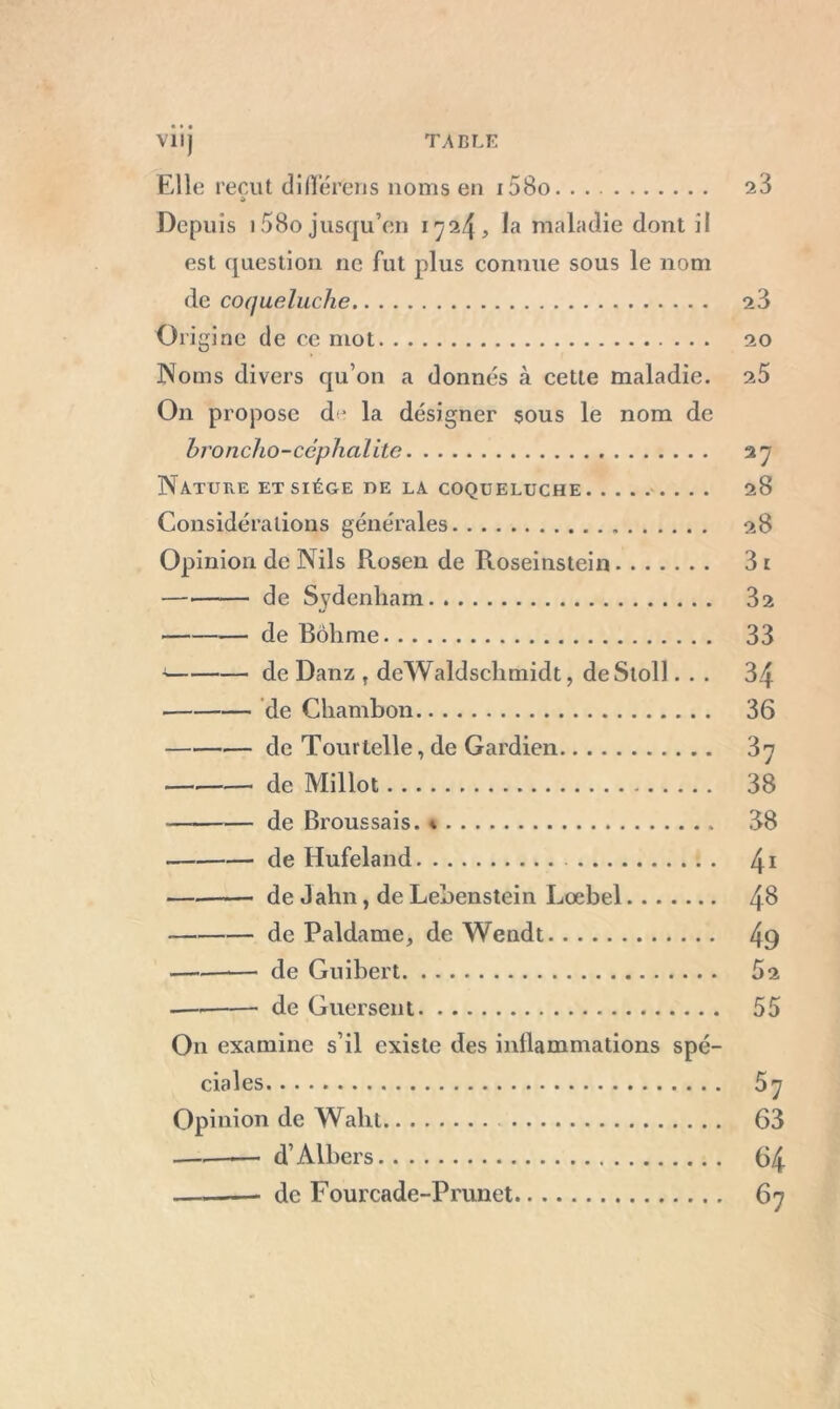 Vil J Elle reçut diflerens noms en i58o A Depuis 158o jusqu’en 1724, la maladie dont il est question ne fut plus connue sous le nom de coqueluche Cri ginc de ce mot Noms divers qu’on a donnés à cette maladie. On propose d<‘ la désigner sous le nom de broncho-céphalite Nature et siège de la coqueluche Considérations générales Opinion de Nils Rosen de Roseinstein de Sydenham de Bôhme 4 de Danz t deWaldsclimidt, deStoll. . . de Chambon de Tourtelle, de Gardien de Millot — de Broussais. * de Hufeland — de Jahn, de Lebenstein Loebel de Paldame, de Wendt — de Guibert — de Guersent On examine s’il existe des inflammations spé- ciales Opinion de Waht —.—— d’Ailiers de Fourcade-Prunet 23 23 20 25 37 28 28 31 32 33 34 36 37 38 88 41 48 49 52 55 57 63 64 67