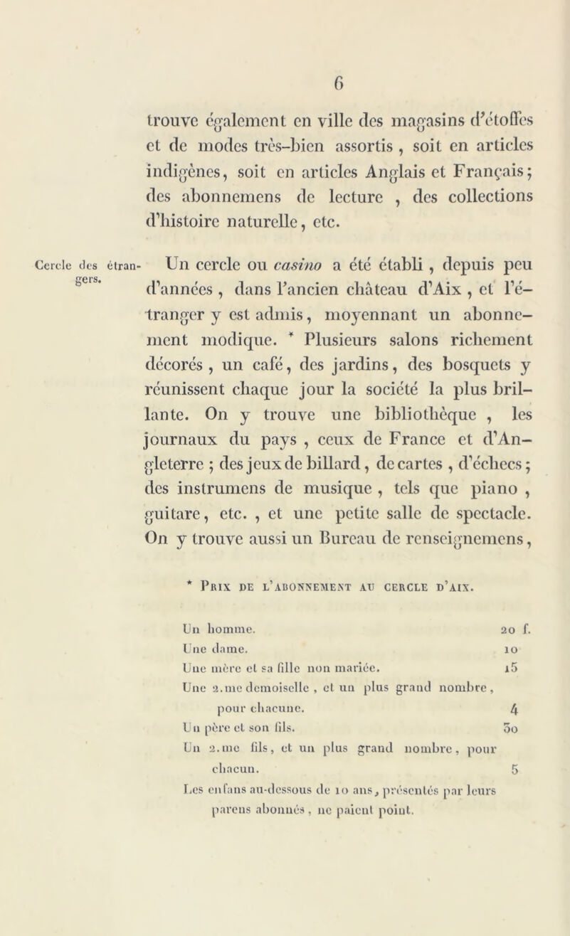 trouve également en ville des magasins d'étoffes et de modes très-bien assortis , soit en articles indigènes, soit en articles Anglais et Français; des abonnemens de lecture , des collections d’histoire naturelle, etc. Cercle des étran- Un cercle ou casino a été établi , depuis peu d’années , dans l'ancien château d’Aix , et l’é- tranger y est admis, moyennant un abonne- ment modique. 11 Plusieurs salons richement décorés, un café, des jardins, des bosquets y réunissent chaque jour la société la plus bril- lante. On y trouve une bibliothèque , les journaux du pays , ceux de France et d’An- gleterre ; des jeux de billard, de cartes , d’écliecs; des instrumens de musique , tels que piano , guitare, etc. , et une petite salle de spectacle. On y trouve aussi un Bureau de renseignemens, * Prix de l’abonnement ad cercle d’aix. Un homme. Une clame. Uue mère cl sa fille non mariée. Une 2.111e demoiselle , et un plus grand nombre, pour chacune. U11 père et son fils. Un 2.me fils, et un plus grand nombre, pour chacun. Les en fans au-dessous de 10 ans, présentés par leurs pareils abonnés, ne paient point. 20 f. 10 i5 4 00