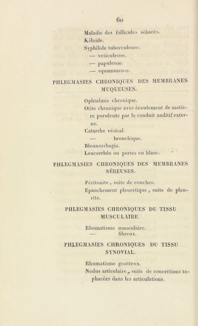 I 60 Maladie des follicules sébacés. Kéloïde. Syphilide tuberculeuse. — vesiouleuse. — papuleuse. — squammeuse. PIILEGMASIES CHRONIQUES DES MEMBRANES MUQUEUSES. Ophtalmie chronique. Otite chronique avec écoulement de matiè- re purulente par le conduit auditif exter- ne. Catarrhe vésical. — bronchique. Blennorrhagie. Leucorrhée ou pertes en blanc. PHLEGMASIES CHRONIQUES DES MEMBRANES SÉREUSES. Péritonite , suite de couches. Epanchement pleurétique, suite de pieu- rite. PHLEGMASIES CHRONIQUES DU TISSU MUSCULAIRE. Rhumatisme musculaire. — fibreux. PHLEGMASIES CHRONIQUES DU TISSU SYNOVIAL. Rhumatisme goutteux. Nodus articulaire^suite de concrétions to- phacées dans les articulations.