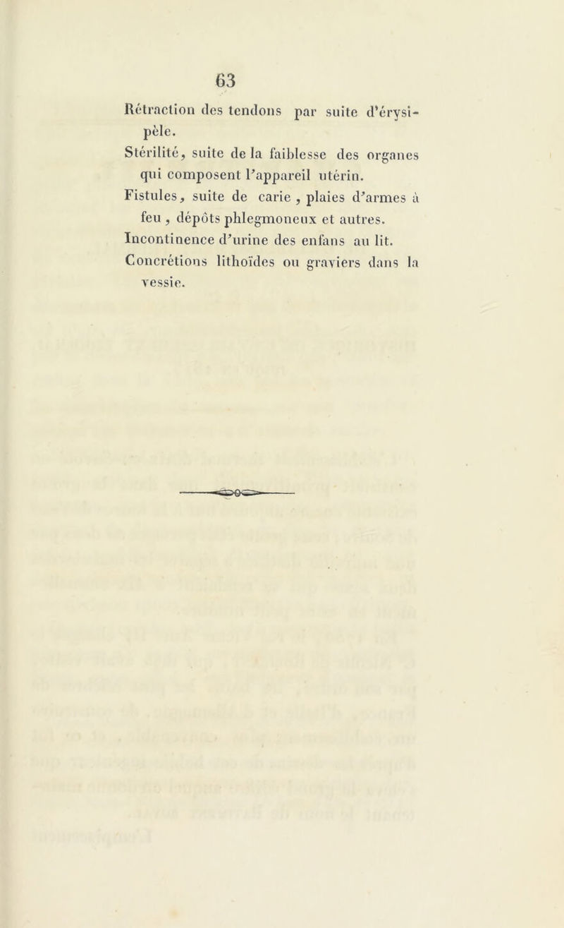 Rétraction des tendons par suite d’érysi- pèle. Stérilité, suite de la faiblesse des organes qui composent l'appareil utérin. Fistules, suite de carie , plaies d'armes à feu , dépôts phlegmoneux et autres. Incontinence d'urine des enfans au lit. Concrétions lithoïdes ou graviers dans la