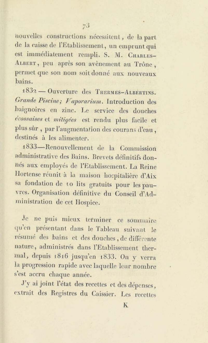 nouvelles constructions nécessitent, de la part de la caisse de l’Etablissement, un emprunt qui est immédiatement rempli. S. M. Charles- Albert, peu après son avènement au Trône, permet que son nom soit donné aux nouveaux bains. i83î — Ouverture des Thermes-Albertins. Grande Piscine; 1 aporarium. Introduction des baignoires en zinc. Le service des douches écossaises et ■mitigées est rendu plus facile et plus sûr , par l'augmentation des courans d’eau , destinés à les alimenter. i8ô3—Renouvellement de la Commission administrative des Bains. Brevets définitifs don- nés aux employés de l'Etablissement. La Reine Ilortense réunit à la maison hospitalière d’Aix sa fondation de <o lits gratuits pour les pau- vres. Organisation définitive du Conseil ^Ad- ministration de cet Hospice. Je ne puis mieux terminer ce sommaire qu’en présentant dans le Tableau suivant le lésume des bains et des douches , de différente nature, administrés dans l’Etablissement ther- mal, depuis J 816 jusqu’en i833. On y verra la progression rapide avec laquelle leur nombre s’est accru chaque année. J’y ai joint l’état des recettes et des dépenses, extrait des Registres du Caissier. Les recettes K