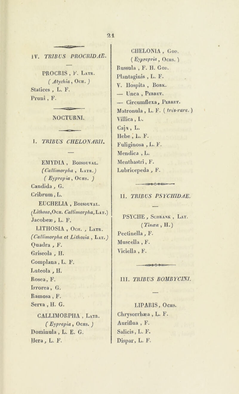 IV. TRIBUS PROCRIDAE. procris , y. l.\tr. ( Atychia, Och. ) Stalices , L. F. Pruni, F. rsOGTURNI. I. TRIBUS CHELONARIL EMYDIA , Boisduval. (Callimorplia , Latr.J ( Eyprcpia, Oc us. ) Candida , G. Cribrum, L. EUCHELIA , Boisduval. (Lithosa,Och. Callimorpha,\jKT.) Jacobeæ, L. F. LITHOSIA , Ocir. , Latr. (Cal/imorpha et Lilliosia , Lat. J Quadra , F. Griseola , II. Complana, L. F. Luteola , II. Rosea, F. Irrorea, G. Rarnosa , F. Sei’va , II. G. CALLIMORPIIA , Latr. ( Eyprepia, Ociis. J Doininula , L. E. G. liera, L. F. C1IELONIA , Goi>. ( Eyprcpria , Ociis. ) Russula , F. IL God. Plantaginis , L. F. V. Hospita , Bork. — Unca , Perret. — Circumflexa, Perret. Matronula , L. F. ( très-rare. ) Villica, L. Caja , L. Ilebe , L. F. Fuliginosa , L. F. Mendica , L. Mentliaslri, F. Lubritepeda , F. II. TRIBUS PSrClIlDAE. PSYCHE , Sciiraink , Lat. ( Tinœa , II. ) Peclinella F. Muscella , F. Viciella , F. III. TRIBUS BOMBYCmi. LIPARIS, Ociis. Chrysorrbæa , L. F. Auriflua , F. Salicis, L. F. Dispar, L. F.