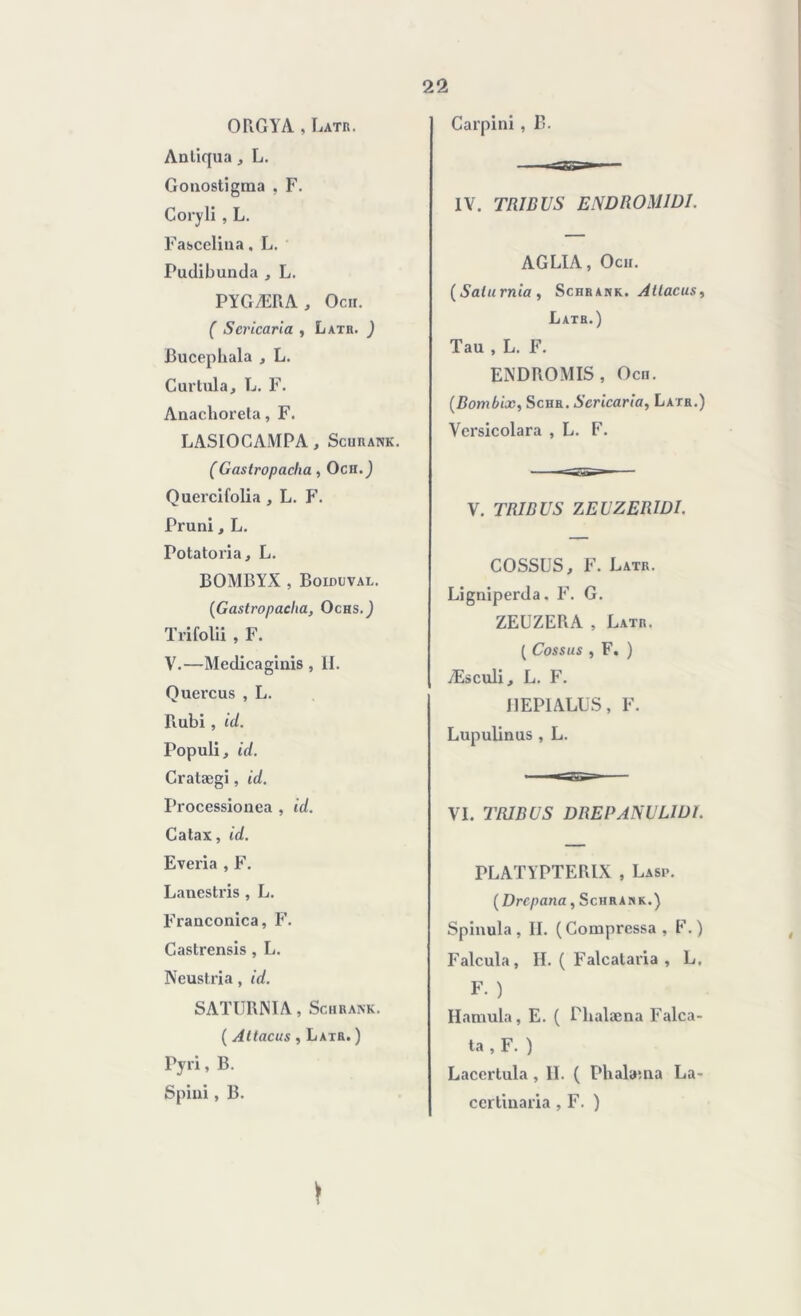 Carpini, B. OR GY A , Latr. Anliqua, L. Gonostigma , F. Coryli , L. Fascelina, L. Pudibunda , L. PYGÆRA , Ocii. ( Scricaria , Latr. ) Bucephala , L. Curtula, L. F. Anaclioreta, F. LASIOCAMPA, Scurank. (Gastropacha , Och.) Quercifolia, L. F. Pruni, L. Potatoria, L. BOMBYX , Boiduval. {Gastropacha, Ochs.J Trifolii , F. V.—Medicagiuis , H. Quercus , L. Rubi , ici. Populi, id. Cratægi, id. Processionea , id. Catax, id. Everia , F. Lanestris, L. Fraaconica, F. Castrensis , L. Neustria, id. SATURNIA, Schrank. ( Attacus , Laxr. ) Pyri, B. Spiui, B. IV. TRIBUS ENDROMIDI. AGLIA, Ocii. (Salurnia, Schrank. Attacus, Latb.) Tau , L. F. ENDROMIS, Ocn. (Bombix, Scur. Scricaria, Latr.) Versicolara , L. F. V. TRIBUS ZEUZERIDI. COSSUS, F. Latr. Ligniperda. F. G. ZEUZERA , Latr. ( Cossus , F. ) Æsculi, L. F. J1EP1ALUS, F. Lupulinus , L. VI. TRIBUS DREPANULIDI. PLATYPTERIX , Lasi*. ( Drcpana, Schrank.) Spinula, II. (Compressa, F.) Falcula, H. ( Falcataria , L. F. ) Hamula, E. ( Phalæna Falca- ta , F. ) Lacertula , II. ( Phalæna La- ccrlinaria , F. ) i *