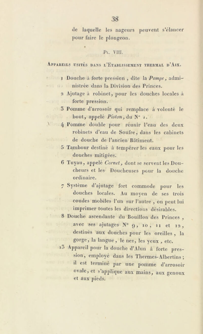 tle laquelle les nageurs peuvent s’élancer pour faire le plongeon. Pt.. VIII. Appareils usités dans l’Etablissement thermal d’Aix. 1 Douche t\ forte pression , dite la Pompe, admi- nistrée dans la Division des Princes. 2 Ajutage à robinet, pour les douches locales à forte pression. 3 Pomme d’arrosoir qui remplace à volonté le bout, appelé Piston, du N° j. 4 Pomme double pour réunir l’eau des deux robinets d’eau de Soufre, dans les cabinets de douche de l’ancien Bâtiment. 5 Tambour destiné à tempérer les eaux pour les douches mitigées. 6 Tuyau, appelé Cornet, dont se servent les Dou- cheurs et les Doucheuses pour la douche ordinaire. 7 Système d’ajutage fort commode pour les douches locales. Au moyen de ses trois coudes mobiles l’un sur l’autre , on peut lui imprimer toutes les directions désirables. 8 Douche ascendante du Bouillon des Princes , avec ses ajutages N° 9, 10, 11 et 12, destinés aux douches pour les oreilles , la gorge, la langue, le nez, les yeux , etc. i3 Appareil pour la douche d’AIun à forte pres- sion, employé dans les Thermes-Albertins ; il est terminé par une pomme d’arrosoir o\ ale, et s applique aux mains, aux genoux et aux pieds.