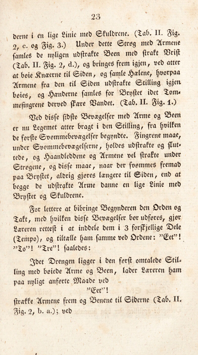 fcerne i en ttge Sinic meb ©fulbrene. (lab, II. Sig. o, c. og S‘g- 3.) Unber Dette ©treg meb gemene faml* be npligen ubjlrafte 25een meb flroft 93rijl (tab. II. Sig- 2, d.), og bringe« feem igjen, »eb atter at beie knæerne fil ©iben, og famle pælene, (joorpaa ■tørnene fra ben til ©iben ubjlrafte ©tilltng igjen beieé, og jamberne famle« for 23rpjlef ibet Som« mejlngrene berøeb ffirre SSanbet. C£ab. II. Sig* «33eb biéfe fibfte Q3e»ægelfer meb Tlrme og S3een er nu Segemet atter bragt i ben ©tilling, fra frillen be ferfle ©»ømmebe»eegelfer begpnbte. S'ingrene maae, unber ©»emmebe»<egclferne, fjolbe« ubflrafte og flut* tebe, og Jjaanblebbene og Armene »el jlrafte unber ©trogene, og biéfe maae, naar ber føømmeS fremab paa SSrpftet, albrig gjøre« longere fil ©iben, enb af begge be ubflrafte tørne banne en lige Stnie meb JSrpjlef og ©fulbrene, Sor lettere at bibringe Segpnberen ben Ørben og taft, meb Ijoilfen bi«fe 25e»<egelfer børubføre«, gjør 2*reren reftejl i at inbbele bem i 3 forjfjellige Sele (tempo), og tilfælle §ain famme »eb Ørbene: ”2et”! „to” i ”tre”l faalebe«: ^bet Srengen ligger i ben forfl omfalebe ©til« (ing meb beicbe tørne og 23een, laber Sæteren fjam paa npligt anførte 9)laabe »eb ”<£et”! fira-ffe tørnene frem og QJencne fil ©iberne C£ab. II.