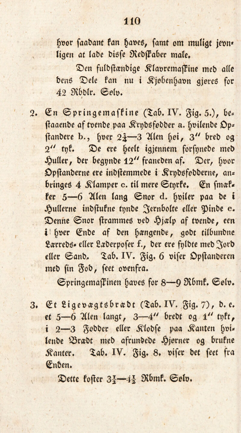 §oor faatmnt fart £aoe$, famt om muligt jeon* tigen at (abe bisfe StebjJaber male* Sen fulbjtønbige ^laoremaffine nteb a((e bens Sele fan nu i ^jeben^aon gjoreS for 42 Sibblr. ©olo. 4 2. ©n ©pringemaffine ($ab. IV. gig* 50/ bu faaenbe aftoenbe paa .ftrpbsfobber a. Ijoilenbe Dp- fanbere b., Ijoer 2|—3 'ilten Ijoi, 3 breb og 2 tpf. Se ere §eelt igjennem forfpnebe meb puller, ber begpnbe 12 franeben af Ser, §ooc £)pfianberne ere inbjfemmebe i ^rpbsfobberne, an* bringes 4 klamper c. til mere ©tprfe. ©n fmaf* fer 5—6 itlen lang ©nor d. (joiler paa be i guderne inbjfufrte tpnbe eller $Mnbe e. Senne ©nor f rammes oeb Jpjeclp af toenbe, eett t'Ijoer ©nbe af ben Ijamgenbe, gobt tifbunbne Særrebs* eder 2æberpofer £, ber ere fplbte mebjfarb eder ©anb. £ab. IV. gig* 6 oifer Opjlanbereri meb fin gob, feet ovenfra. ©pringemaffinen Ijaoes for 8—9 9lbmf. ©olo* 3# ©t Sigeoægtsbræbt ($ab. IV.,gig. 7), b. e. et 5—6 'ilten langt, 3—4 brebt og l tpft, i 2—3 gobber eder ^lobfe paa kanten f)ot* tenbe 83ræbt meb afrunbebe Jpjorner og brufne kanter. $ab. IV. gig. 8. oifer bet feet fra ©nben. Sette fojter 3f—4| SXbmf. ©olo. i