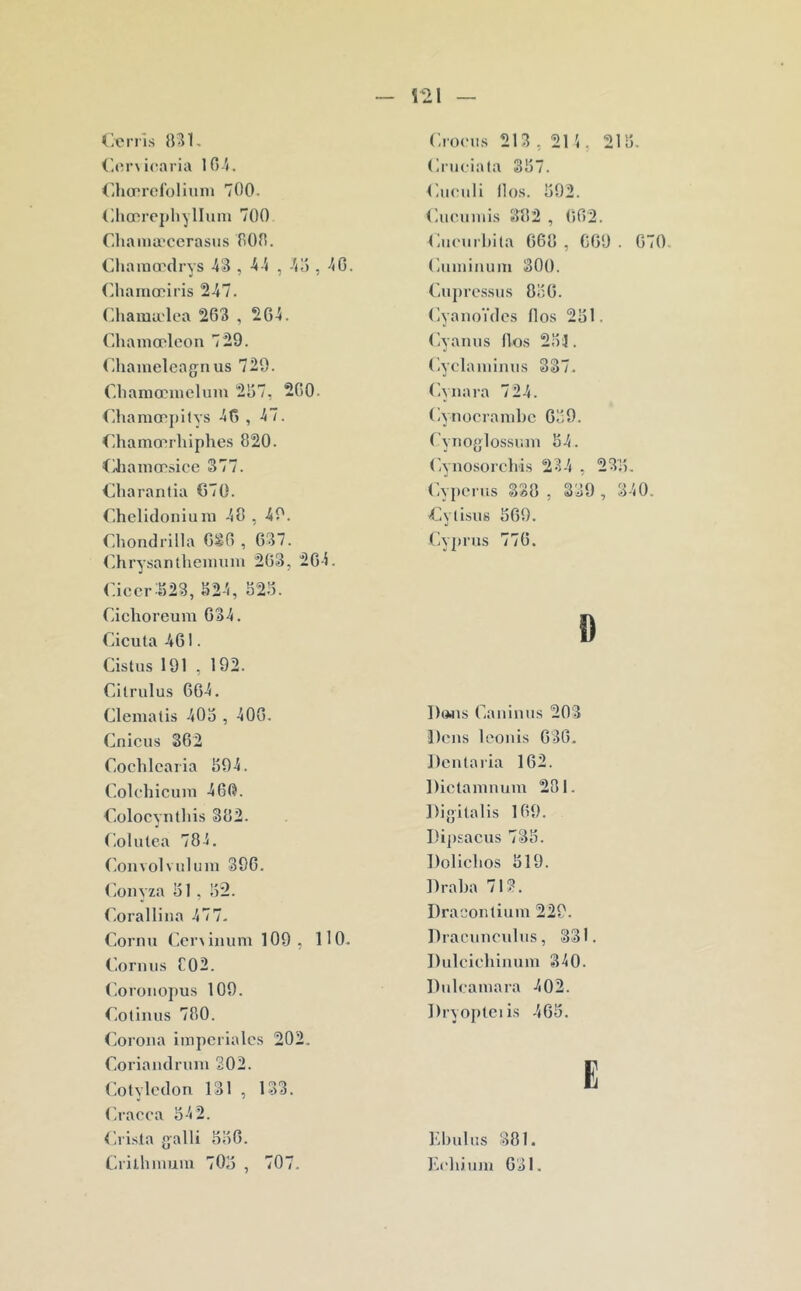 icaria lO-i. <',hœref'oliuni 700. (Ihœrepliyllum 700 Chaina'ccrasus 800. Charaœdrys 43 , 44 , 4o , 40. Chamœiris 247. Chamu'lca 263 , 204. Clianiœleon 729. (’ihamelcag:n us 729. Chamœiueluiu 267, 260. Chamonpltvs 46 , 47. (lhamœrhiphes 820. Cdianiœsice 377. €harantia C7ü. r.helidoniuni 48 , 49. r.hondrllla CSG , 637. (hrysantlicnuuu 263, 264. (:iccr:S28, 624, 62.6. Cichorcum 634. Cicuta 461. Cistus 191 , 192. Citrulus 664. Clematis 406 , 400. Cnicus 302 Cochlcaiia 694. Colchicinu 460. C.olocyntliis 382. C.olutca 784. (onvolvuliim 396. (loiiyza 61, 62. Corallina 477- Cormi Ccr\ilium 109, 110- Coniiis C02. (’.oroiiojius 109. ('.otiiius 780. <ioroiia impériales 202. Coriaiulruiii 302. C.olyledon 131 , 133. (Iraeea 64 2. <a i.sla <]alli 660. Crillimum 706 , 707. (Irueiata 367. (iiieuli llos. 692. (lueiimis 382 , 002. Cueurhila 668 , C09 . 070. (liiminum 300. (aijiressiis 860. (iyaiioïdes llos 261. (iyanus llos 261. (-yelaminus 337. (iyiiara 724. (iynoerambe 069. (.'yitojjlossum 54. ('-yiiosorehis 234 , 236, Cypenis 338 , 339 , 340. •Cylisus 669. (iypnis 776. D I)(«is Caniiiiis 203 î)ens leoiiis 030. Deiilaria 162. Dietamnum 281. Digilalis 109. Dipsaeus 736. Dolielios 619. Draba 713. Draconlium 229. Dracuiieulus, 331. Dulcicbiiuim 340. Duleamara 402. Dryopleiis 466. E Klmlus 381. Kebium 631.