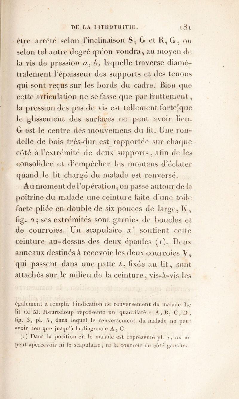 être arrêté selon l’inclinaison S, G et R, G, ou selon tel autre degré qu’on voudra, au moyen de la vis de pression a, b, laquelle traverse diamé- tralement l’épaisseur des supports et des tenons qui sont reçus sur les bords du cadre. Bien que cette articulation ne se fasse que par frottement, la pression des pas de vis est tellement forte’que le glissement des surfaces ne peut avoir lieu, G est le centre des mouvemens du lit. Une ron- delle de bois très-dur est rapportée sur chaque coté à l’extrémité de deux supports , afin de les consolider et d’empêcher les montans d’éclater quand le lit chargé du malade est renversé. Au moment de l’opération, on passe autour de la poitrine du malade une ceinture faite d’une toile forte pliée en double de six pouces de large, K, fîg. 2‘ ses extrémités sont garnies de boucles et de courroies. Un scapulaire æ1 soutient cette ceinture au-dessus des deux épaules (i). Deux anneaux destinés à recevoir les deux courroies V, qui passent dans une patte £, fixée au lit, sont attachés sur le milieu de la ceinture, vis-à-vis les également à remplir l’indication de renversement du malade. Le lit de M. Heurteloup représente un quadrilatère A, B? C, D. tig. 3, pi. 5, dans lequel le renversement du malade ne peut avoir lieu que jusqu’à la diagonale A , G, (i) Dans la position oii le malade est représenté pl. 2, on ne peut apercevoir ni le scapulaire, ni la courroie du côté gauche.
