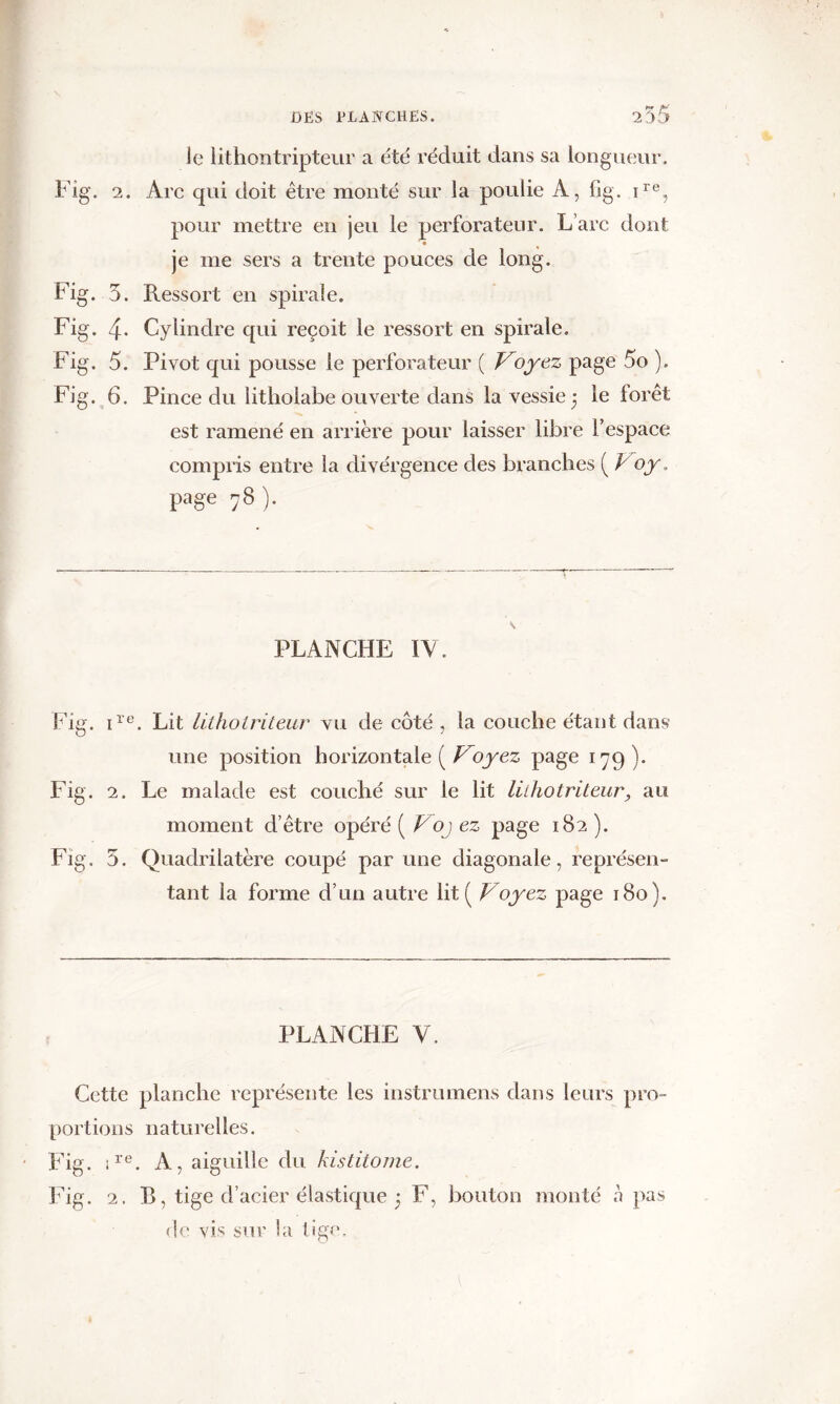 le lithontripteur a été réduit dans sa longueur. Fig. 2. Arc qui doit être monté sur la poulie A, fi g. ire, pour mettre en jeu le perforateur. L’arc dont je me sers a trente pouces de long. Fig. 5. Ressort en spirale. Fig. 4- Cylindre qui reçoit le ressort en spirale. Fig. 5. Pivot qui pousse le perforateur ( Voyez page 5o ). Fig. 6. Pince du lithoiabe ouverte dans la vessie 3 le forêt est ramené en arrière pour laisser libre l’espace compris entre la divérgence des branches ( Voy. page 78 ). PLANCHE IV. Fig. ire. Lit lithotriteur vu de côté , la couche étant dans une position horizontale ( Voyez page 179). Fig. 2. Le malade est couché sur le lit lithotriteur, au moment d’être opéré ( Voj ez page 182). Fig. 5. Quadrilatère coupé par une diagonale, représen- tant la forme d’un autre lit ( Voyez page 180). PLANCHE V. Cette planche représente les instrumens dans leurs pro- portions naturelles. Fig. ire. A, aiguille du kistitome. Fig. 2. B, tige d’acier élastique 3 F, bouton monté a pas de vis sur la tige.