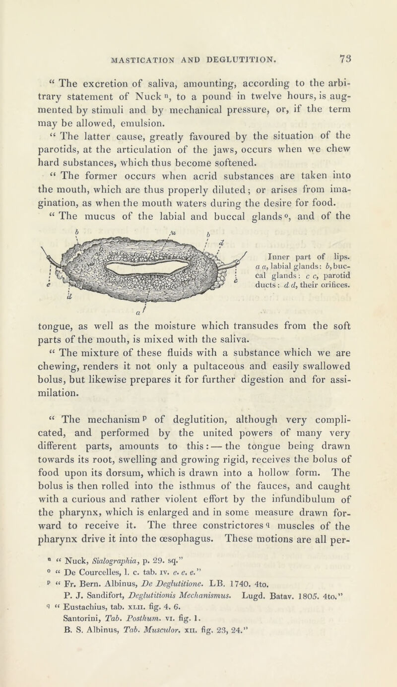 “ The excretion of saliva, amounting, according to the arbi- trary statement of Nuckn, to a pound in twelve hours, is aug- mented by stimuli and by mechanical pressure, or, if the term may be allowed, emulsion. “ The latter cause, greatly favoured by the situation of the parotids, at the articulation of the jaws, occurs when we chew hard substances, which thus become softened. “ The former occurs when acrid substances are taken into the mouth, which are thus properly diluted; or arises from ima- gination, as when the mouth waters during the desire for food. “The mucus of the labial and buccal glands0, and of the Inner part of lips. a a, labial glands: b,buc- cal glands : c c, parotid ducts : d d, their orifices. tongue, as well as the moisture which transudes from the soft parts of the mouth, is mixed with the saliva. “ The mixture of these fluids with a substance which we are chewing, renders it not only a pultaceous and easily swallowed bolus, but likewise prepares it for further digestion and for assi- milation. “ The mechanismp of deglutition, although very compli- cated, and performed by the united powers of many very different parts, amounts to this: — the tongue being drawn towards its root, swelling and growing rigid, receives the bolus of food upon its dorsum, which is drawn into a hollow form. The bolus is then rolled into the isthmus of the fauces, and caught with a curious and rather violent effort by the infundibulum of the pharynx, which is enlarged and in some measure drawn for- ward to receive it. The three constrictores 4 muscles of the pharynx drive it into the oesophagus. These motions are all per- 0 “ Nuck, Sialographia, p. 29. sq.” 0 “ De Courcelles, 1. c. tab. iv. e. e. e.” p “ Fr. Bern. Albinus, Be Beglutitione. LB. 1740. 4to. P. J. Sandifort, Beglutitionis Mechanismus. Lugd. Batav. 1805. 4to.” q “ Eustachius, tab. xlii. fig. 4. 6. Santorini, Tab. Postlium. vi. fig. 1. B. S. Albinus, Tab. Musculor. xii. fig. 28, 24.”