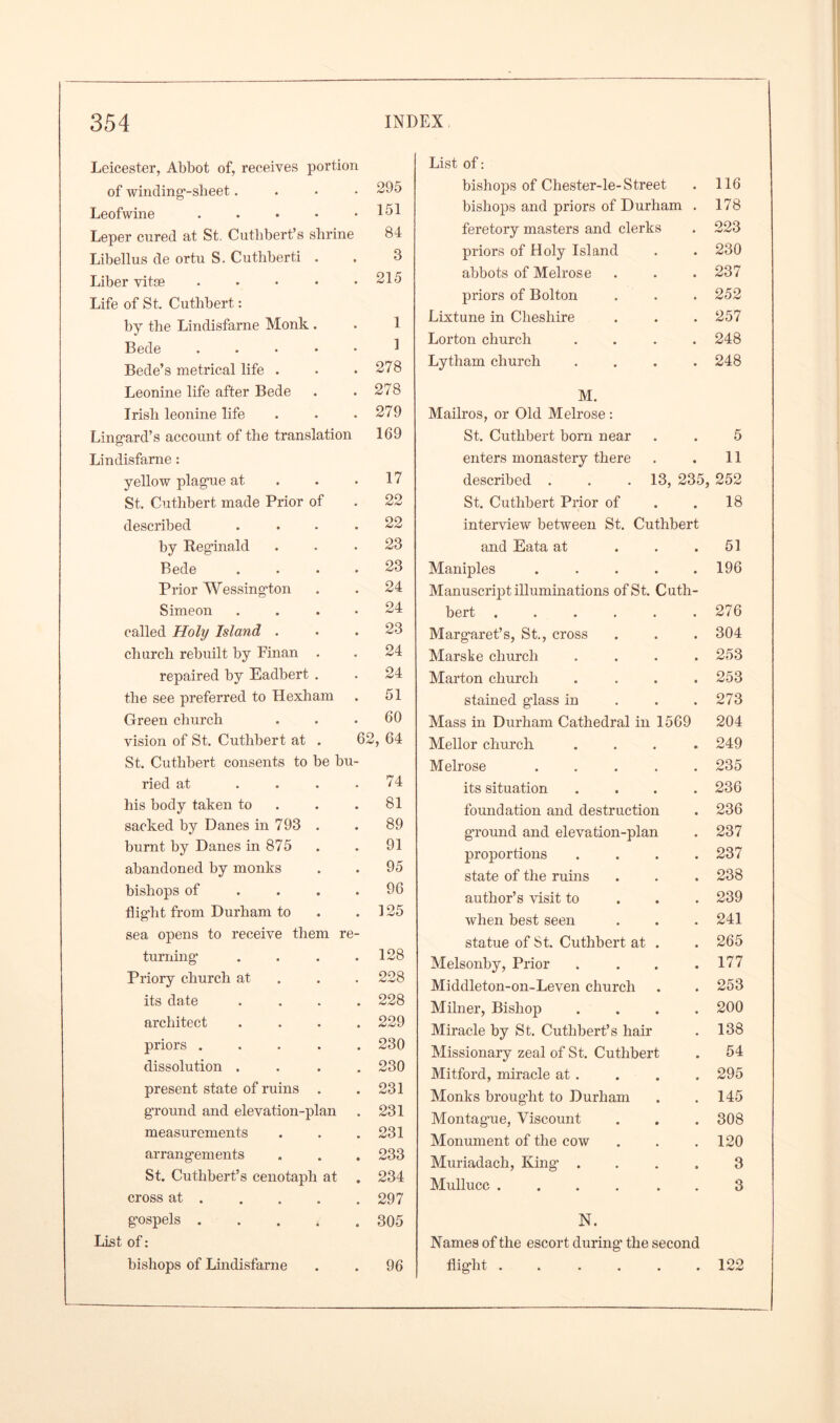 sacked by Danes in 793 . . 89 burnt by Danes in 875 . . 91 abandoned by monks . . 95 bishops of . . . .96 flight from Durham to . .125 sea opens to receive them re- turning1 . . . .128 Priory church at . . 228 its date .... 228 architect .... 229 priors ..... 230 dissolution .... 230 present state of ruins . .231 ground and elevation-plan . 231 measurements . . .231 arrangements . . . 233 St. Cuthbert’s cenotaph at . 234 cross at 297 gospels 305 List of: bishops of Lindisfarne . . 96 Leicester, Abbot of, receives portion List of: of winding'-sheet.... 295 bishops of Chester-le-Street 116 Leofwine ..... 151 bishops and priors of Durham . 178 Leper cured at St. Cuthbert’s shrine 84 feretory masters and clerks 223 Libellus de ortu S. Cuthberti . 3 priors of Holy Island • 230 Liber vitae ..... 215 abbots of Melrose • 237 Life of St. Cuthbert: priors of Bolton • 252 by the Lindisfarne Monk . 1 Lixtune in Cheshire • 257 Bede ..... 1 Lorton church • 248 Bede’s metrical life . 278 Lytham church • 248 Leonine life after Bede 278 M. Irish leonine life 279 Mailros, or Old Melrose : Ling'ard’s account of the translation 169 St. Cuthbert born near . 5 Lindisfarne : enters monastery there . • 11 yellow plag1ue at 17 described . 13, 235, 252 St. Cuthbert made Prior of 22 St. Cuthbert Prior of . . 18 described .... 22 interview between St. Cuthbert by Reginald 23 and Eata at • • 51 Bede .... 23 Maniples • 196 Prior Wessing'ton 24 Manuscript illuminations of St. Cuth- Simeon .... 24 bert .... . , 276 called Holy Island . 23 Marg-aret’s, St., cross • • 304 church rebuilt by Finan . 24 Marske church • • 253 repaired by Eadbert . 24 Marton church • • 253 the see preferred to Hexham 51 stained glass in • • 273 Green church 60 Mass in Durham Cathedral in 1569 204 vision of St. Cuthbert at . 62, 64 Mellor church • • 249 St. Cuthbert consents to be bu- Melrose 235 ried at .... 74 its situation • • 236 his body taken to 81 foundation and destruction 236 ground and elevation-plan . 237 proportions .... 237 state of the ruins . . . 238 author’s visit to 239 when best seen . . .241 statue of St. Cuthbert at . . 265 Melsonby, Prior . . . .177 Middleton-on-Leven church . . 253 Milner, Bishop .... 200 Miracle by St. Cuthbert’s hair . 138 Missionary zeal of St. Cuthbert . 54 Mitford, miracle at . . . . 295 Monks broug'ht to Durham . .145 Montag’ue, Viscount . . . 308 Monument of the cow . . .120 Muriadach, King1 .... 3 Mullucc .... . . 3 N. Names of the escort during1 the second flig'ht ...... 122