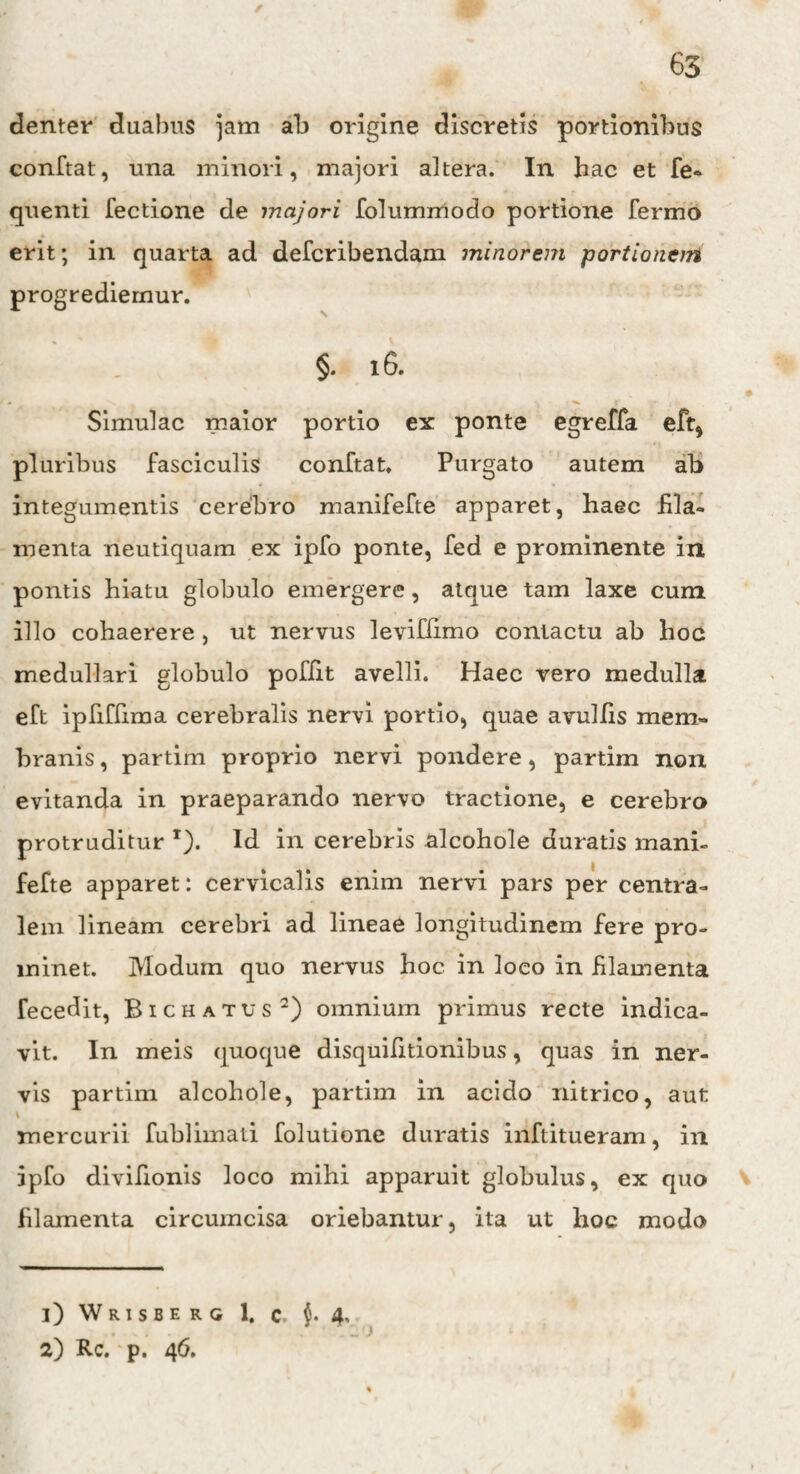 denter duabus jam ab origine discretis portionibus conftat, una minori, majori altera. In hac et Te- quenti Tectione de majori folummodo portione Termo erit; in quarta ad deTcribendam minorem portionem progrediemur. §. 16. Simulae maior portio ex ponte egreTTa eft, pluribus Tasciculis conTtat. Purgato autem ab integumentis cerebro maniTeTte apparet, haec fila¬ menta neutiquam ex ipTo ponte, Ted e prominente in pontis hiatu globulo emergere, atque tam laxe cum illo cohaerere , ut nervus leviTiimo contactu ab hoc medullari globulo poTfit avelli. Haec vero medulla eTt ipTiffima cerebralis nervi portio, quae avullis mem¬ branis , partim proprio nervi pondere, partim non evitanda in praeparando nervo tractione, e cerebro protruditur T). Id in cerebris alcohole duratis mani¬ TeTte apparet: cervicalis enim nervi pars per centra¬ lem lineam cerebri ad lineae longitudinem Tere pro¬ minet. Modum quo nervus hoc in loco in filamenta Tecedit, Bichatus2) omnium primus recte indica¬ vit. In meis quoque disquifitionibus, quas in ner¬ vis partim alcohole, partim in acido nitrico, aut mercurii Tublimati Tolutione duratis inltitueram, in ipTo divifionis loco mihi apparuit globulus, ex quo filamenta circumcisa oriebantur, ita ut hoc modo 1) W r i s b e r g 1. c 4^ 2) Rc. p. 46.