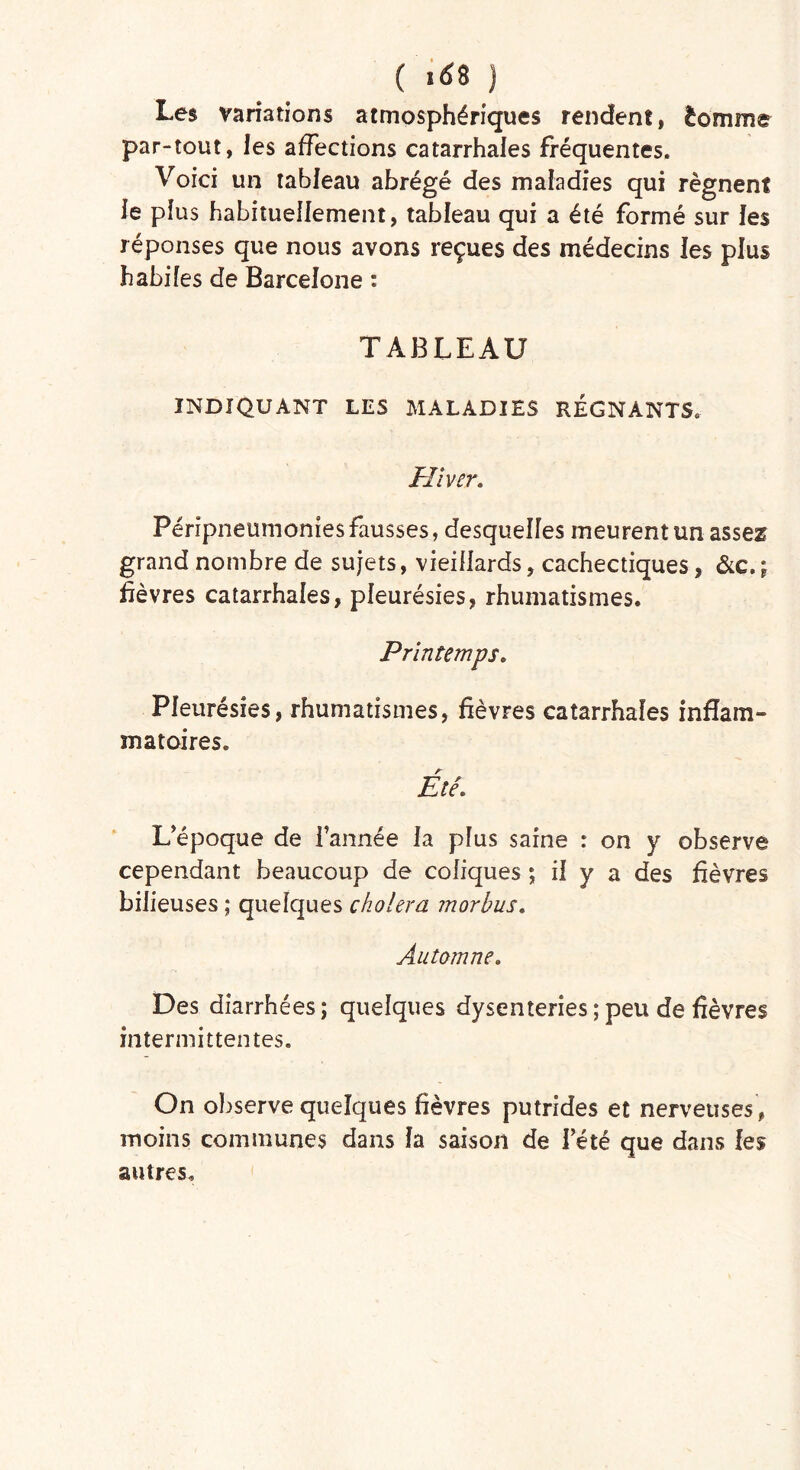 ( «*8 ) Les variations atmosphériques rendent, èomme par-tout, les affections catarrhales fréquentes. Voici un tableau abrégé des maladies qui régnent le plus habituellement, tableau qui a été formé sur les réponses que nous avons reçues des médecins les plus habiles de Barcelone : TABLEAU INDIQUANT LES MALADIES RÉGNANTS. Hiver. Péripneumoniesfausses, desquelles meurent un asse& grand nombre de sujets, vieillards, cachectiques, &c. ; fièvres catarrhales, pleurésies, rhumatismes. Printemps. Pleurésies, rhumatismes, fièvres catarrhales inflam- matoires* Été. L'époque de l’année la plus saine : on y observe cependant beaucoup de coliques ; il y a des fièvres bilieuses ; quelques choiera morbus. Automne. Des diarrhées; quelques dysenteries ; peu de fièvres intermittentes. On observe quelques fièvres putrides et nerveuses, moins communes dans la saison de I été que dans les autres.