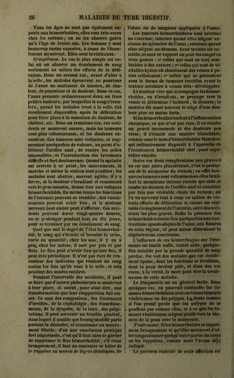 Tous les âges ne sont pas également ex- | posés aux hémorrhoïdes; elles sont très-rares chez les enfants ; on ne les observe guère qu’à l’âge de trente ans. Les femmes y sont beaucoup moins exposées, à cause de l’écou- lement menstruel. Elles sont héréditaires. Symptômes. Le cas le plus simple est ce- lui où on observe un écoulement de sang seulement au milieu des efforts de la défé- cation. Dans un second cas, avant d’aller à la selle, les malades éprouvent au pourtour de l’anus un sentiment de tension, de cha- leur, de pesanteur et de douleur. Dans ce cas, l'anus présente ordinairement deux ou trois petites tumeurs, par lesquelles le sang s’écou- lera, quand les malades iront à la selle. Cet écoulement disparaîtra après la défécation pour faire place à la sensation de douleur, de chaleur, etc. Dans un troisième cas, ces acci- dents se montrent encore, mais les tumeurs sont plus volumineuses, et les douleurs ex- cessives. Ces tumeurs sont violacées, et aug- mentent quelquefois de volume, au point d’o- blitérer l’orifice anal, de rendre les selles impossibles,et l’introduction des lavements difficile et fort douloureuse. Quand la nialadie est arrivée à ce point, les mouvements, la marche et même la station sont pénibles ; les malades sont abattus, souvent agités; il y a fièvre, et la douleur s’irradiant et remontant vers le gros intestin, donne lieu aux coliques hémorrhoïdales. En même temps les fonctions de l’estomac peuvent se troubler, des vomis- sements peuvent avoir lieu, et le système nerveux tout entier peut s’affecter. Ces acci- dents peuvent durer vingt-quatre heures, ou se prolonger pendant huit ou dix jours, pour se terminer par un écoulement de sang. Quel que soit le degré de l’état hémorrhoï- dal, le sang qui s’écoule et termine la crise, varie en quantité; chez les uns, il y en a peu, chez les autres, il sort par jets et par Mots. Le flux peut n’avoir lieu qu’une fois, il peut être périodique. Il n’est pas rare de ren- contrer des individus qui rendent du sang toutes les fois qu’ils vont à la selle, et cela pendant des années entières. Pendant l’intervalle des accidents,, il peut se faire que d’autres phénomènes se montrent à leur place, et soient, pour ainsi dire, une | transformation que leur réapparition fait ces- ser. Ce sont des congestions, des tintements d’oreilles, de la céphalalgie, des étourdisse- ments, de la dyspnée, de la toux, des palpi- tations. 11 peut survenir un trouble général, dans lequel il semble que lesang modifié porte partout le désordre, et occasionne un mouve- ment fébrile: d’où une conclusion pratique fort importante, c’est qu’il faut bien se garder de supprimer le flux hémorrhoïdal ; s’il cesse brusquement, il faut au contraire se hâter de le rappeler au moyen de légers drastiques, de ! l’aloës ou de sangsues appliquées à l’anus. Les tumeurs hémorrhoïdales sont internes ou externes; internes quand elles siègent au- dessus du sphincter de l’anus ; externes quand elles siègent au-dessous. Leur texture est va- riable, et sous ce rapport on peut les ranger en trois genres : i° celles qui sont en touj, sem- blables à des varices ; 2° celles qui sont de vé- ritables kystes où aboutissent des veines à pa- rois celluleuses; s° celles qui se présentent sous la forme de tumeurs érectiles ayant la texture aréolaire à veines très-développées. La douleur vive qui accompagne leshémor- rhoïdes, en s’irradiant, se propage vers la vessie et détermine l’ischurie, la dysurie; la matrice est aussi souvent le siège d’une dou- leur plus ou moins forte. Si les hémorrhoïdes tendent à l’inflammation chronique, ce qui n’est pas rare, il en résulte un prurit incommode et des douleurs peu vives; il s’écoule une matière blanchâtre, connue sous le nomd’hémorrhoïdes blanches, qui ordinairement disparaît à l’approche de l’écoulement hémorrhoïdal réel, pour repa- raître ensuite. Outre ces deux complications peu graves il en est une autre plus sérieuse, c’est le prolap- sus de la muqueuse du rectum ; en effet lors- queces tumeurs sont volumineuses elles tirail- lent la membrane interne rectale qui cède et tombe au-dessous de l'orifice anal et constitue par fois une véritable chute du rectum ; on l’a vu survenir tout à coup au milieu de vio- lents efforts de défécation et causer un véri- table étranglement de l’intestin, suivi des acci- dents les plus graves. Enfin la présence des hémorrhoïdes donne lieu quelquefois aux con- tractions spasmodiques de l’anus, aux fissures de celte région, et peut même déterminer la dégénération cancéreuse. L’influence de ces hémorrhagies sur l’éco- nomie est tantôt nulle, tantôt utile, quelque- fois nuisible par la grande quantité de sang perdue. On voit des malades que cet écoule- ment épuise, dont les fonctions se troublent, dont la peau devient pâle, et dans des cas rares, à la vérité, la mort peut être la termi- naison de cette maladie. Le Diagnostic est en général facile. Dans | quelques cas, on pourrait confondre les tu- meurs hémorrhoïdales avec certaines tumeurs vénériennes ou des polypes. L^doute cessera si l’on prend garde que ces polypes ne se . gonflent pas comme elles, et à ce que. les tu- meurs vénériennes siègent plutôt vers la réu- nion de la peau avec la muqueuse. Traitement. Si les hémorrhoïdes se suppri- ment brusquement et qu’elles menacent d’al- ler congestionner quelqu’autre partie du corps on les rappelera, comme nous l’avons déjà j indiqué. i La guérison radicale de celle affection est