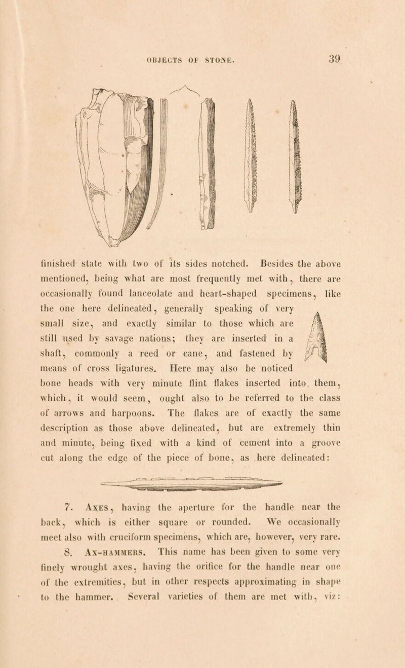 finished state with two of its sides notched. Besides the above mentioned, being w hat are most frequently met with, there are occasionally found lanceolate and heart-shaped specimens, like the one here delineated, generally speaking of very small size, and exactly similar to those which are still used by savage nations; they are inserted in a fc-A shaft, commonly a reed or cane, and fastened by means of cross ligatures. Here may also be noticed bone heads with very minute flint (lakes inserted into them, which, it would seem, ought also to be referred to the class of arrows and harpoons. The flakes are of exactly the same description as those above delineated, but are extremely thin and minute, being fixed with a kind of cement into a groove cut along the edge of the piece of bone, as here delineated: 7. Axes, having the aperture for the handle near the back, which is either square or rounded. We occasionally meet also with cruciform specimens, which are, however, very rare. 8. Ax-hammers. This name has been given to some very finely wrought axes, having the orifice for the handle near one of the extremities, but in other respects approximating in shape to the hammer. Several varieties of them are met with, viz: