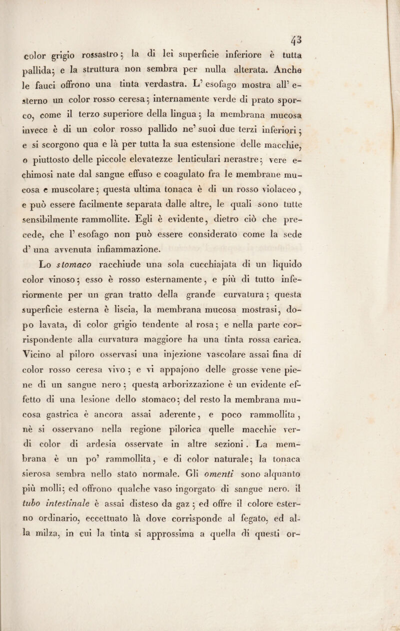 color grigio rossastro } la di lei superficie inferiore è tutta pallida} e la struttura non sembra per nulla alterata. Anche le fauci offrono una tinta verdastra. L’ esofago mostra all’ e- sterno un color rosso ceresa : internamente verde di prato spor¬ co, come il terzo superiore della lingua} la membrana mucosa invece è di un color rosso pallido ne’ suoi due terzi inferiori} e si scorgono qua e là per tutta la sua estensione delle macchie, o piuttosto delle piccole elevatezze lenticulari nerastre} vere e- chimosi nate dal sangue effuso e coagulato fra le membrane mu¬ cosa e muscolare} questa ultima tonaca è di un rosso violaceo , e può essere facilmente separata dalle altre, le quali sono tutte sensibilmente rammollite. Egli è evidente, dietro ciò che pre¬ cede, che F esofago non può essere considerato come la sede d’ una avvenuta infiammazione. Lo stomaco racchiude una sola cucchiajata di un liquido color vinoso} esso è rosso esternamente, e più di tutto infe¬ riormente per un gran tratto della grande curvatura} questa superfìcie esterna è liscia, la membrana mucosa mostrasi, do¬ po lavata, di color grigio tendente al rosa} e nella parte cor¬ rispondente alla curvatura maggiore ha una tinta rossa carica. Vicino al piloro osservasi una injezione vascolare assai fina di color rosso ceresa vivo } e vi appajono delle grosse vene pie¬ ne di un sangue nero } questa arborizzazione è un evidente ef¬ fetto di una lesione dello stomaco} del resto la membrana mu¬ cosa gastrica è ancora assai aderente, e poco rammollita, nè si osservano nella regione pilorica quelle macchie ver¬ di color di ardesia osservate in altre sezioni . La mem¬ brana è un po’ rammollita, e di color naturale} la tonaca sierosa sembra nello stato normale. Gli omenti sono alquanto più molli} ed offrono qualche vaso ingorgato di sangue nero, il tubo intestinale è assai disteso da gaz } ed offre il colore ester¬ no ordinario, eccettuato là dove corrisponde al fegato, ed al¬ la milza, in cui la tinta sì approssima a quella di questi or-