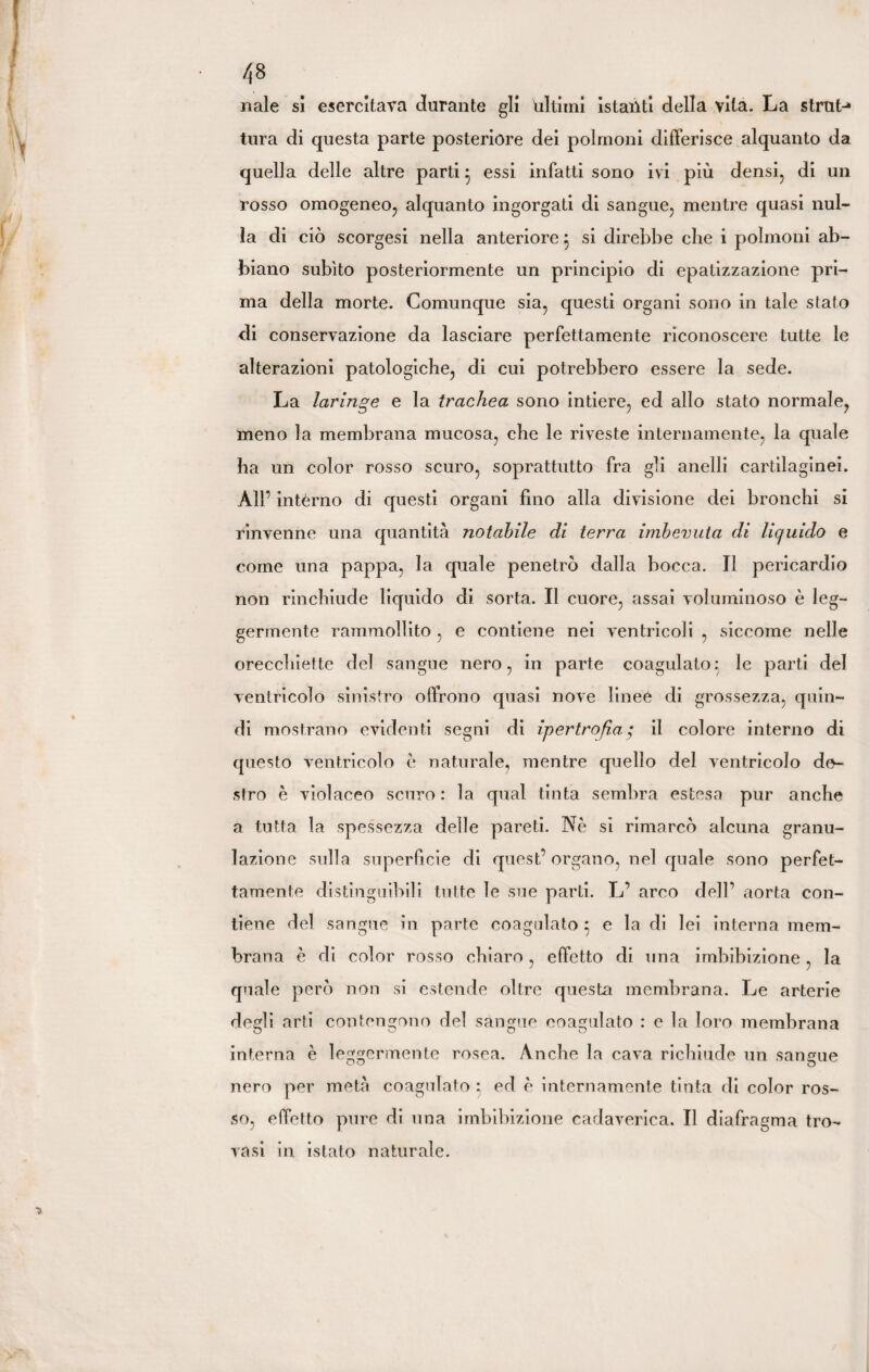 naie sì esercitava durante gli ultimi istanti della vita. La strut-* tura di questa parte posteriore dei polmoni differisce alquanto da quella delle altre parti• essi infatti sono ivi più densi, di un rosso omogeneo, alquanto ingorgati di sangue, mentre quasi nul¬ la di ciò scorgesi nella anteriore 5 si direbbe che i polmoni ab¬ biano subito posteriormente un principio di epatizzazione pri¬ ma della morte. Comunque sia, questi organi sono in tale stato di conservazione da lasciare perfettamente riconoscere tutte le alterazioni patologiche, di cui potrebbero essere la sede. La laringe e la trachea sono intiere, ed allo stato normale, meno la membrana mucosa, che le riveste internamente, la quale ha un color rosso scuro, soprattutto fra gli anelli cartilaginei. All’ intèrno di questi organi fino alla divisione dei bronchi si rinvenne una quantità notabile di terra imbevuta di liquido e come una pappa, la quale penetrò dalla bocca. Il pericardio non rinchiude liquido di sorta. Il cuore, assai voluminoso è leg¬ germente rammollito , e contiene nei ventricoli , siccome nelle orecchiette del sangue nero, in parte coagulato} le parti del ventricolo sinistro offrono quasi nove linee di grossezza, quin¬ di mostrano evidenti segni di ipertrofia g il colore interno di questo ventricolo è naturale, mentre quello del ventricolo de¬ stro è violaceo scuro : la qual tinta sembra estesa pur anche a tutta la spessezza delle pareti. Nè si rimarcò alcuna granu¬ lazione sulla superficie di quest’organo, nel quale sono perfet¬ tamente distinguibili tutte le sue parti. L’ arco dell’ aorta con¬ tiene del sangue in parte coagulato 5 e la di lei interna mem¬ brana è di color rosso chiaro , effetto di una imbibizione , la quale però non si estende oltre questa membrana. Le arterie degli arti contengono del sàngue coagulato : e la loro membrana interna è leggermente rosea. Anche la cava richiude un sangue nero per metà coagulato ; ed è internamente tinta di color ros¬ so, effetto pure di una imbibizione cadaverica. Il diafragma tro¬ vasi in istato naturale.