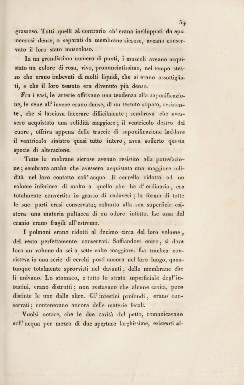 grassoso. Tutti quelli al contrario eh’ erano inviluppati da apo¬ neurosi dense, o separati da membrane sierose, aveano conser¬ vato il loro stato muscoloso. In un grandissimo numero di punti, i muscoli aveano acqui¬ stato Un colore di rosa, vivo, pronunciatissimo, nel tempo stes¬ so che erano imbevuti di molti liquidi, che si erano assottiglia¬ ti, e che il loro tessuto era divenuto più denso. Fra i vasi, le arterie offrivano una tendenza alla saponificazio¬ ne, le tene ali’ invece erano dense, di un tessuto stipato, resisten¬ te , che si lasciava lacerare difficilmente ; sembrava che aves¬ sero acquistato una solidità maggiore ; il ventricolo destro dei cuore, offriva appena delle traccie di saponificazione laddove il ventricolo sinistro quasi tutto intero , avea sofferto questa specie di alterazione. Tutte le mebrane sierose aveano resistito alla putrefazio- ne ; sembrava anche che avessero acquistata una maggiore soli¬ dità nel loro contatto coll5 acqua. lì cervello ridotto ad un volume inferiore di molto a quello ghe ha d’ ordinario , era totalmente convertito in grasso di cadaveri ; la forma di tutte le sue parti erasi conservata; soltanto alla sua superfìcie esi¬ steva una materia pultacea di un odore infetto. Le ossa del cranio erano fragili all’estremo. I polmoni erano ridotti al decimo circa del loro volume , del resto perfettamente conservati. Soffiandovi entro, si dava loro un volume da sèi a sette volte maggiore. La trachea con¬ sisteva in una serie di cerchj posti ancora nel loro luogo, quan¬ tunque totalmente sprovvisti nel davanti, delle membrane Che li univano. Lo stomaco, e tutto lo strato superficiale degl’in¬ testini, erano distrutti ; non restavano che alcune cavità, poco distinte le une dalle altre. GP intestini profondi , erano con¬ servati ; contenevano ancora delle materie fecali. Vuoisi notare, che le due cavità del petto, comunicavano eoli’ acqua per mezzo di due aperture larghissime, esistenti al-
